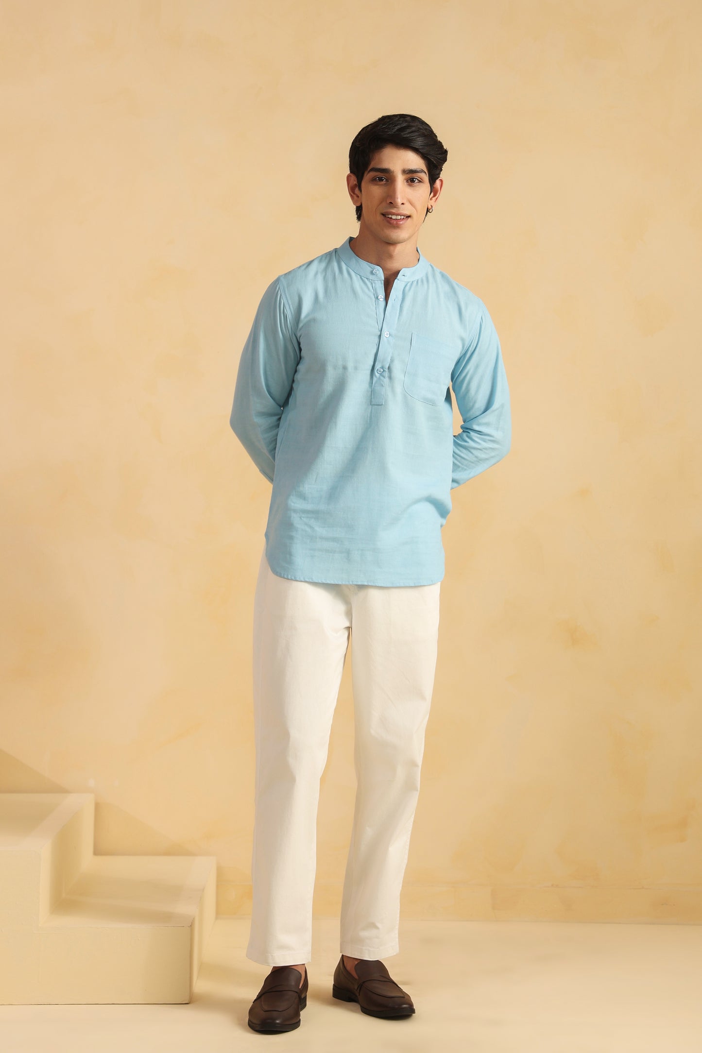 Ice blue linen blend shirt kurta