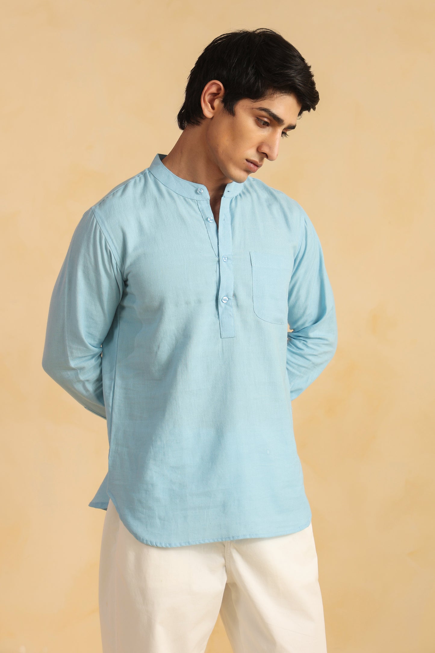 Ice blue linen blend shirt kurta
