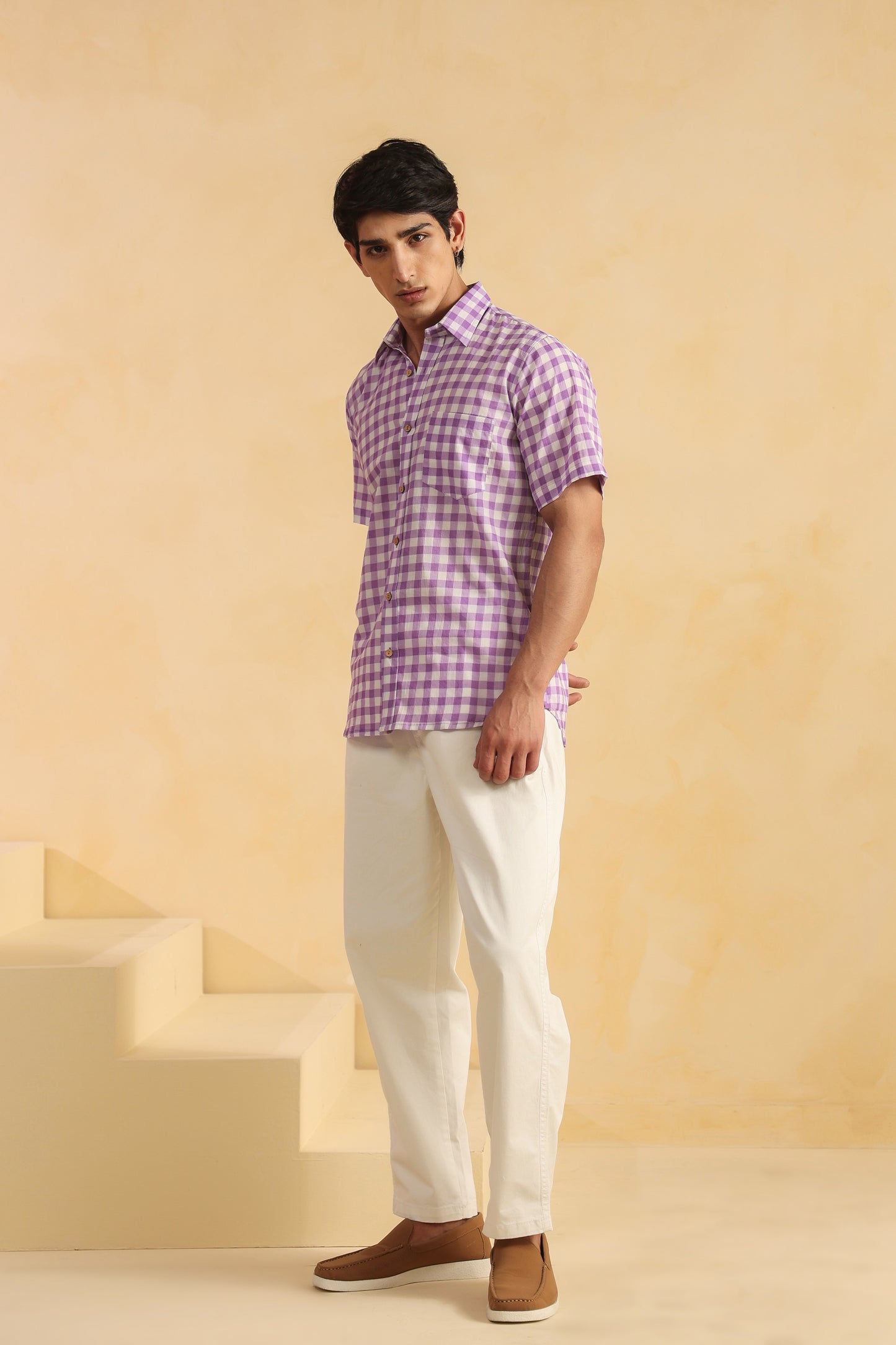 Purple checks half sleeve shirt