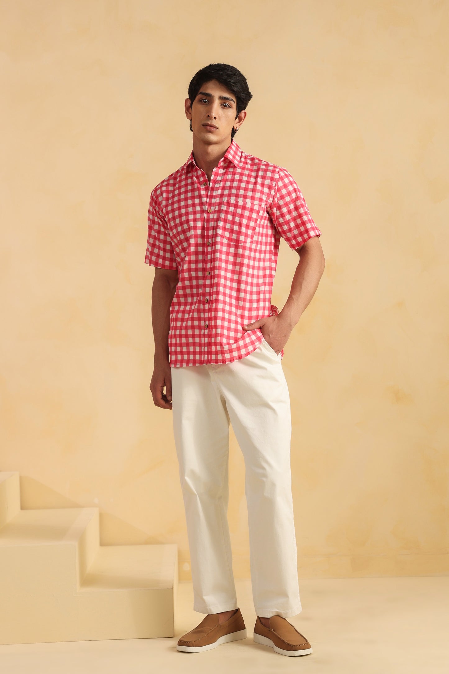 Pink checks half sleeve cotton shirt