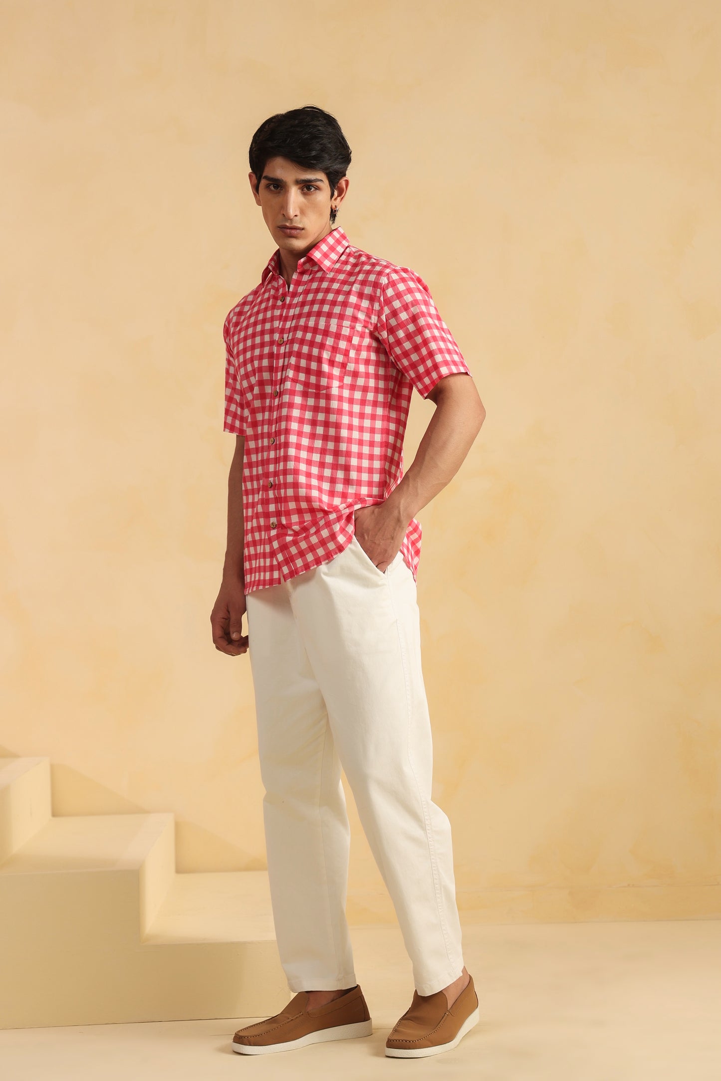 Pink checks half sleeve cotton shirt