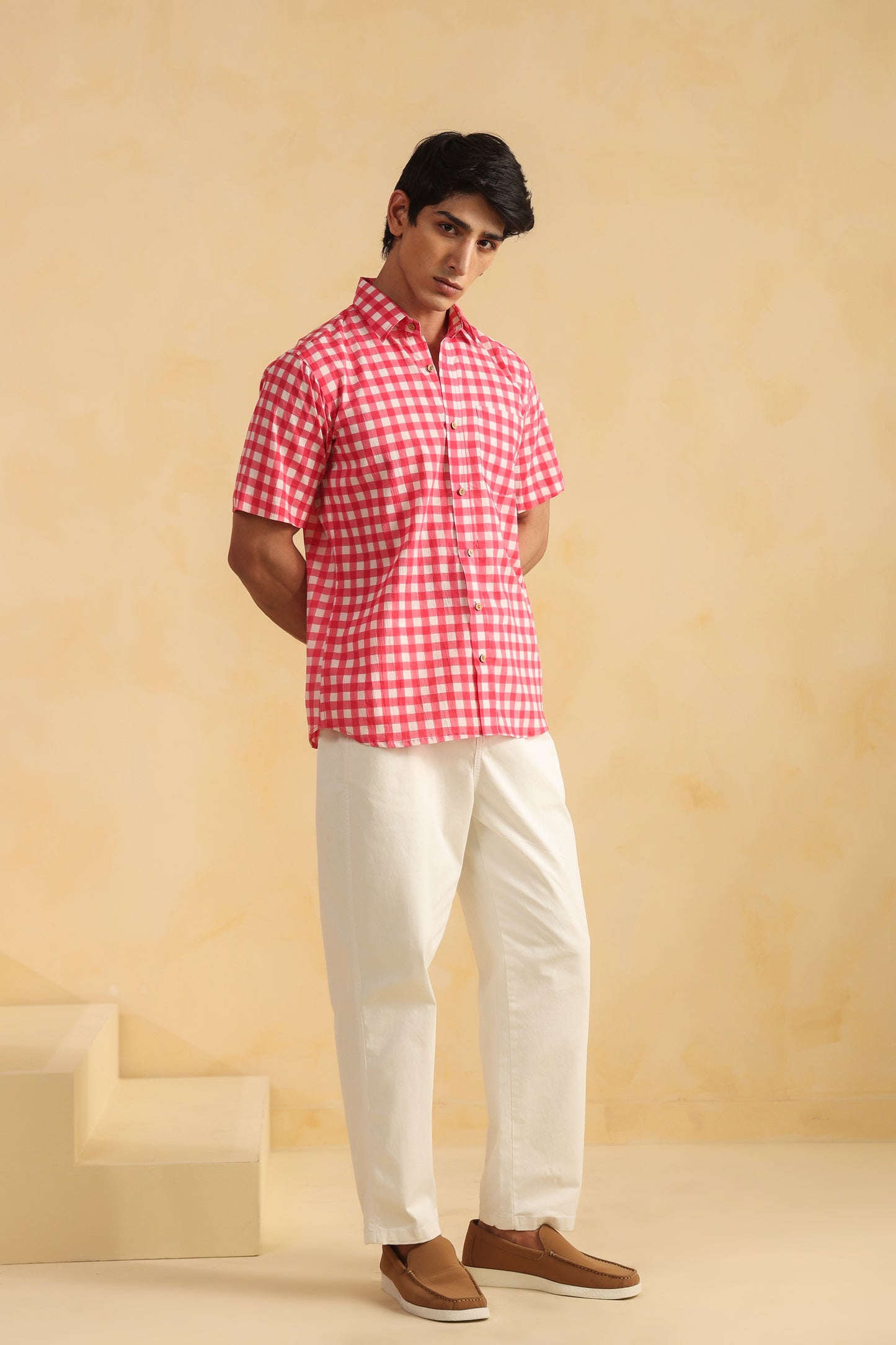 Pink checks half sleeve cotton shirt
