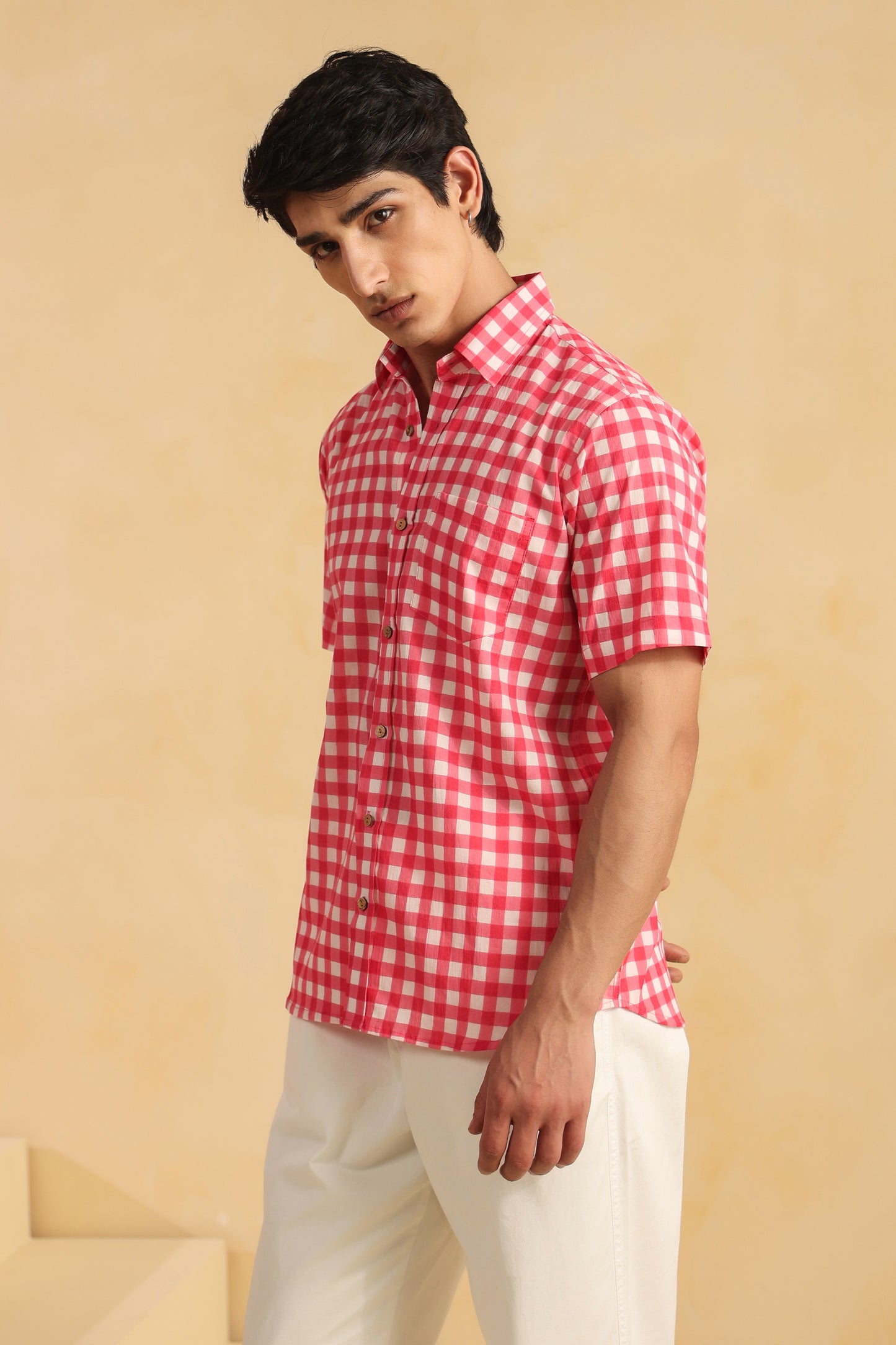 Pink checks half sleeve cotton shirt