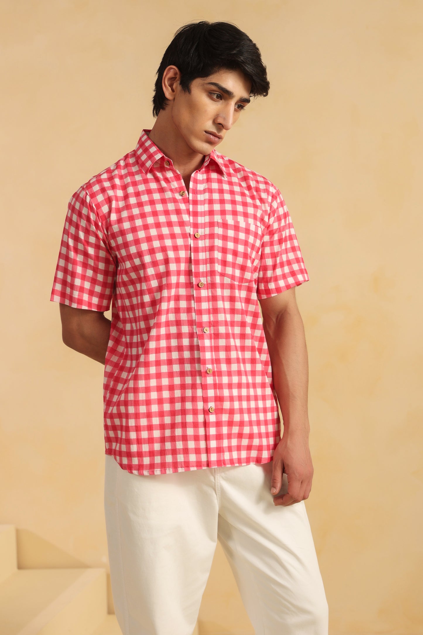 Pink checks half sleeve cotton shirt