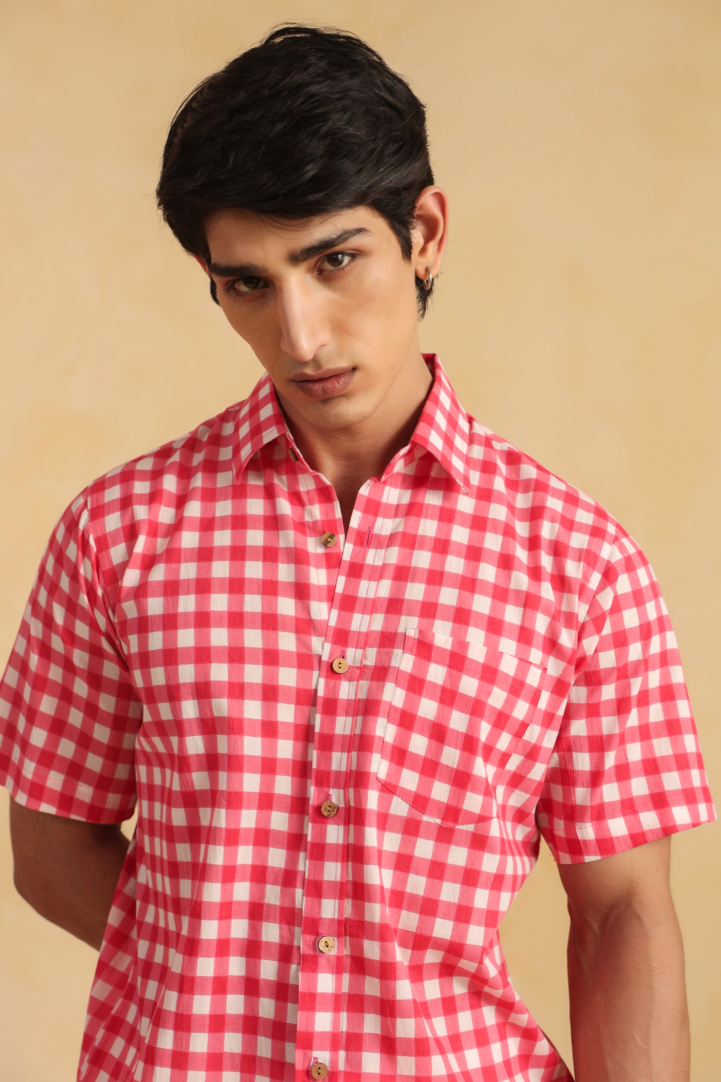 Pink checks half sleeve cotton shirt