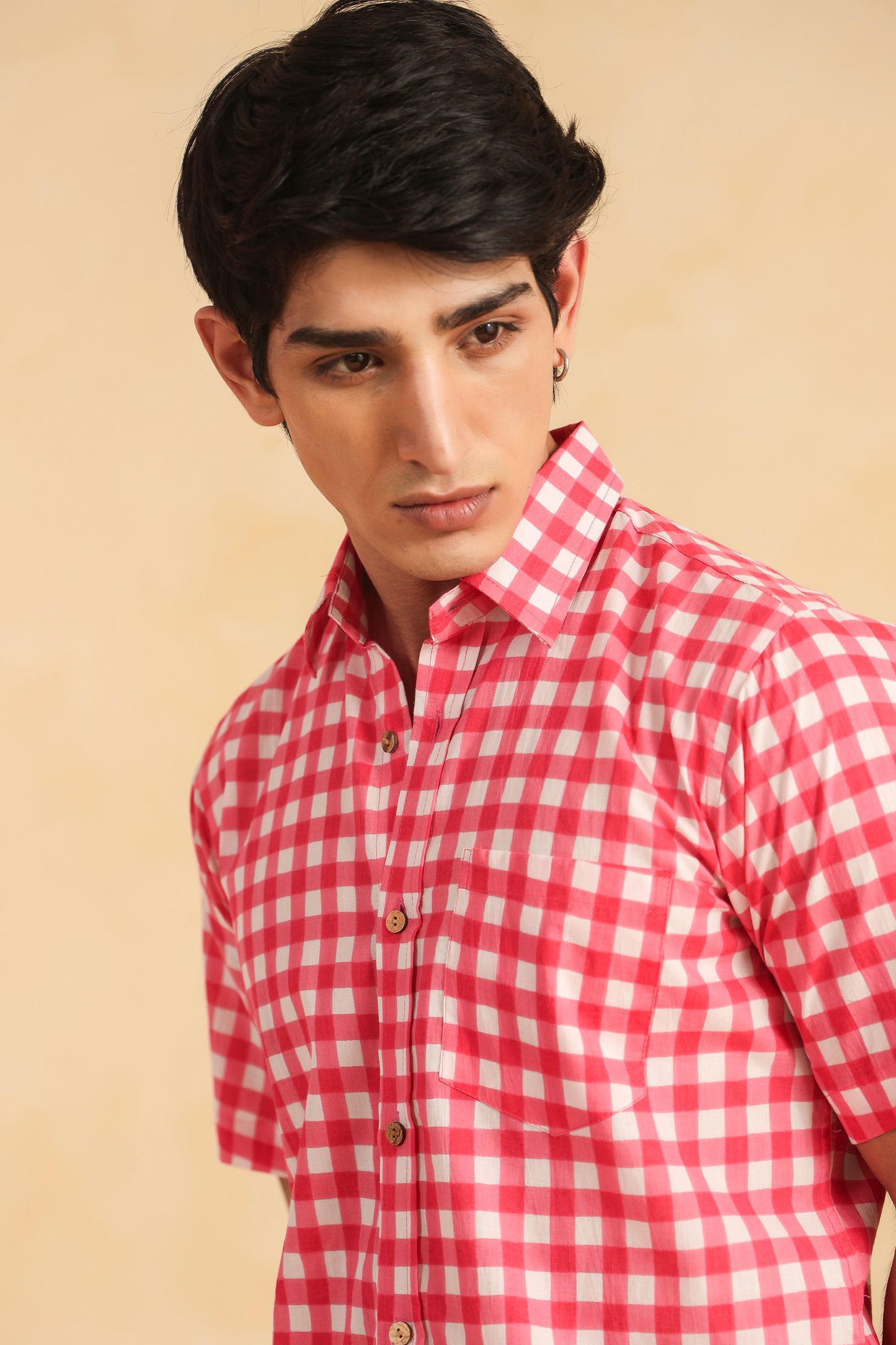 Pink checks half sleeve cotton shirt