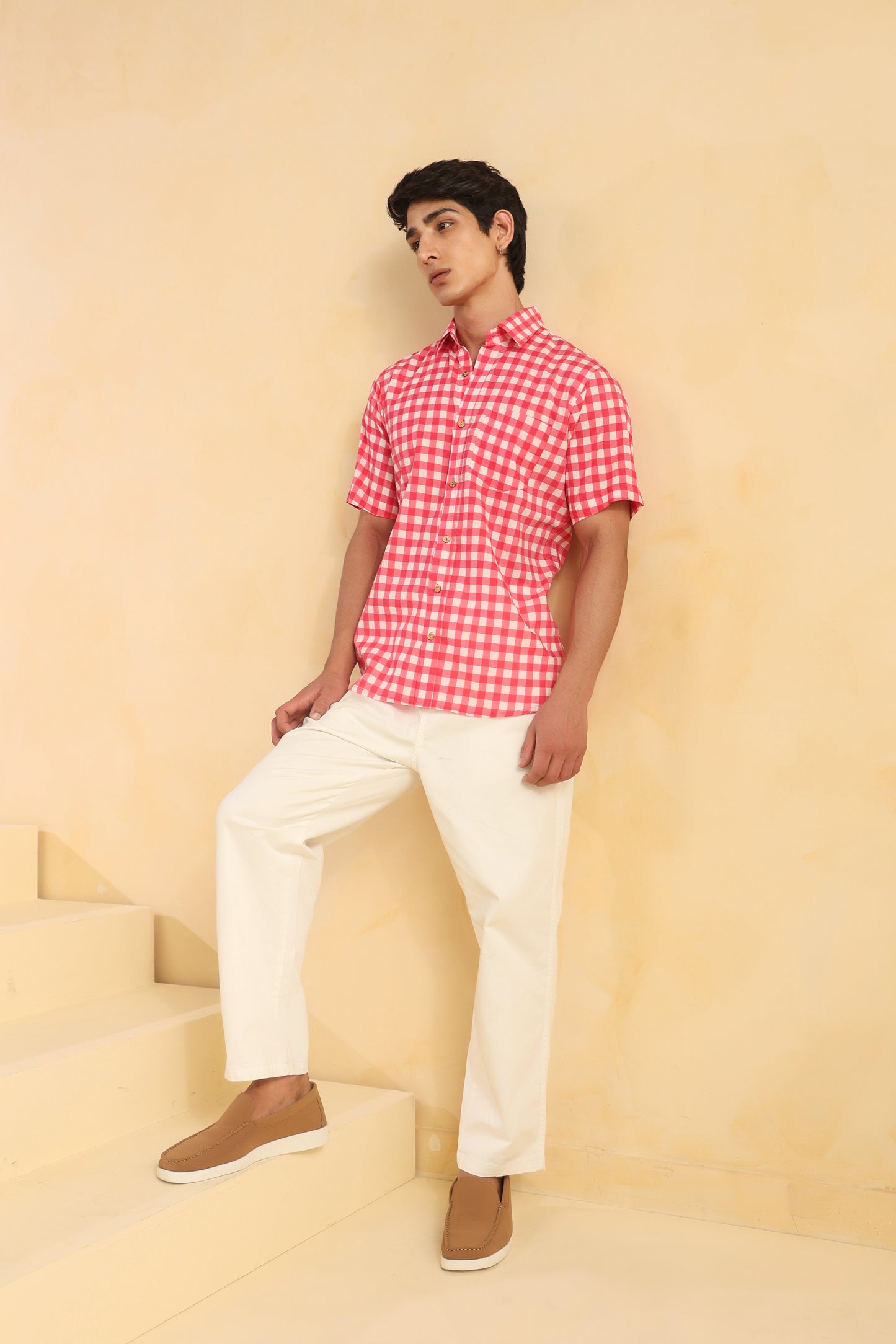 Pink checks half sleeve cotton shirt