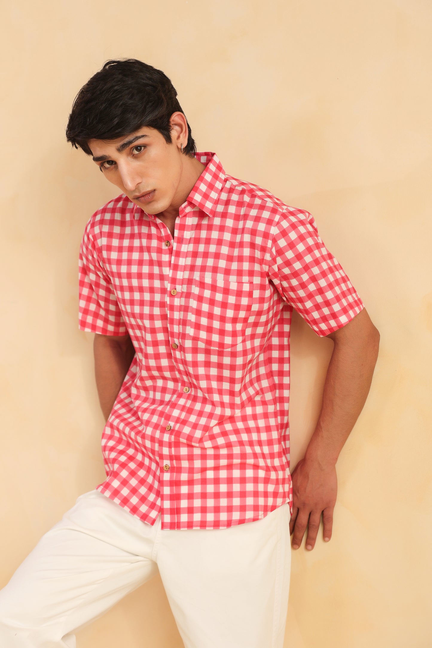 Pink checks half sleeve cotton shirt