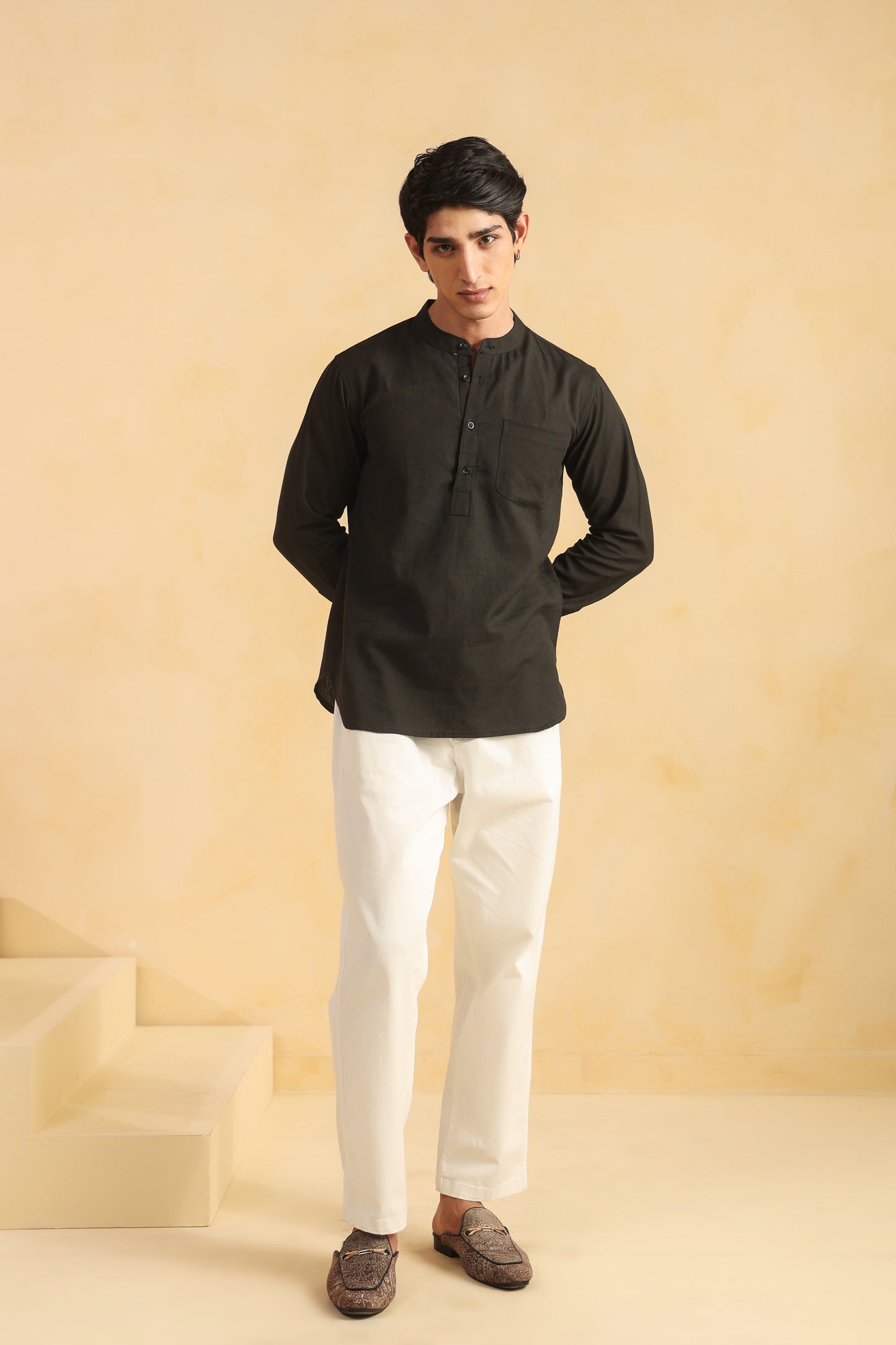 Black linen blend shirt kurta
