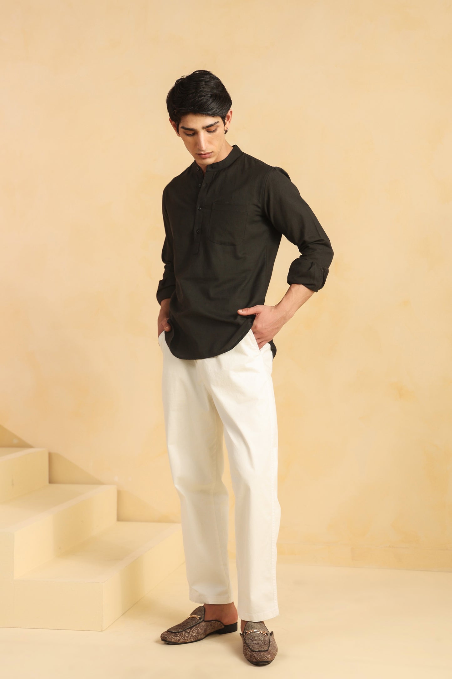 Black linen blend shirt kurta