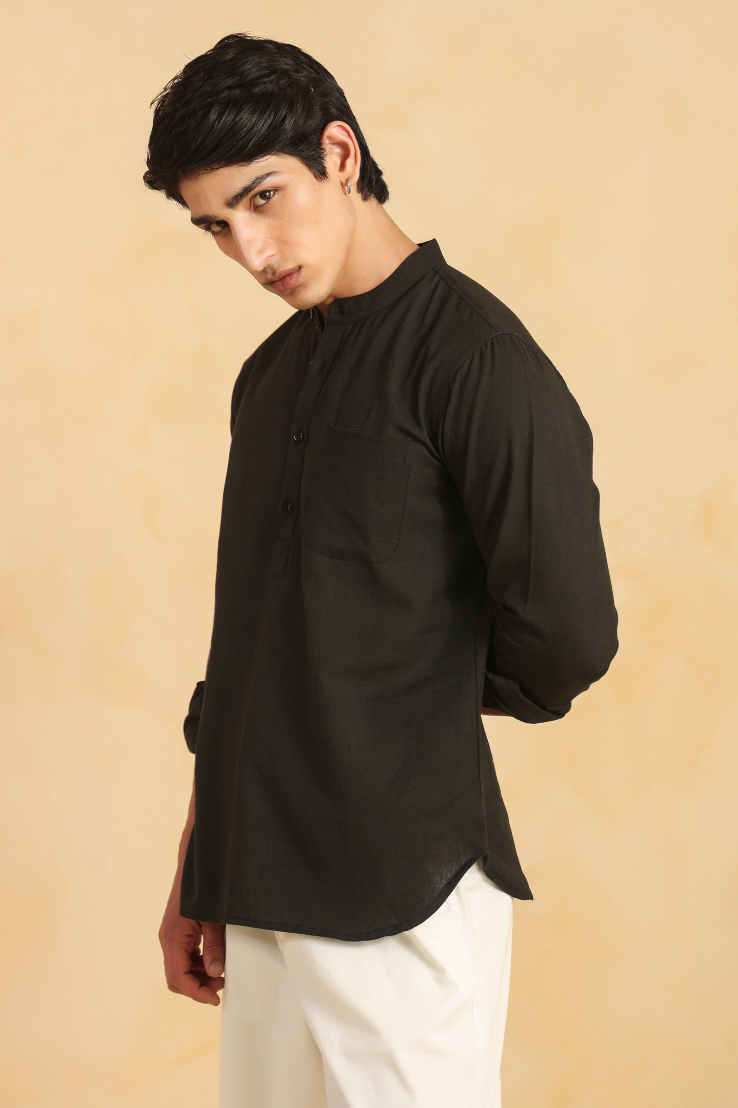 Black linen blend shirt kurta