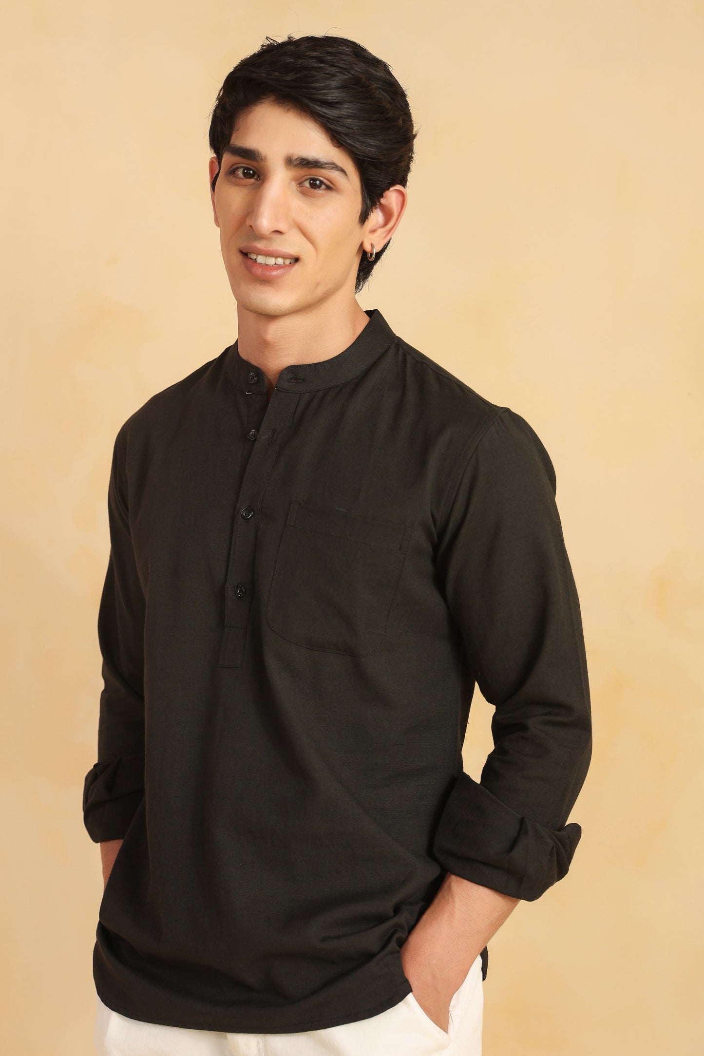 Black linen blend shirt kurta