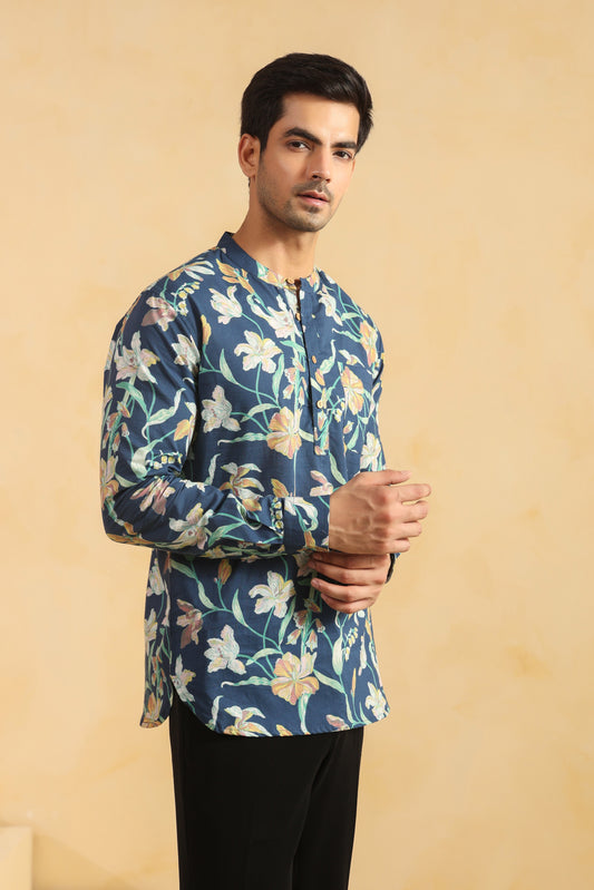 Cobalt Blue Printed Cotton Shirt Kurta