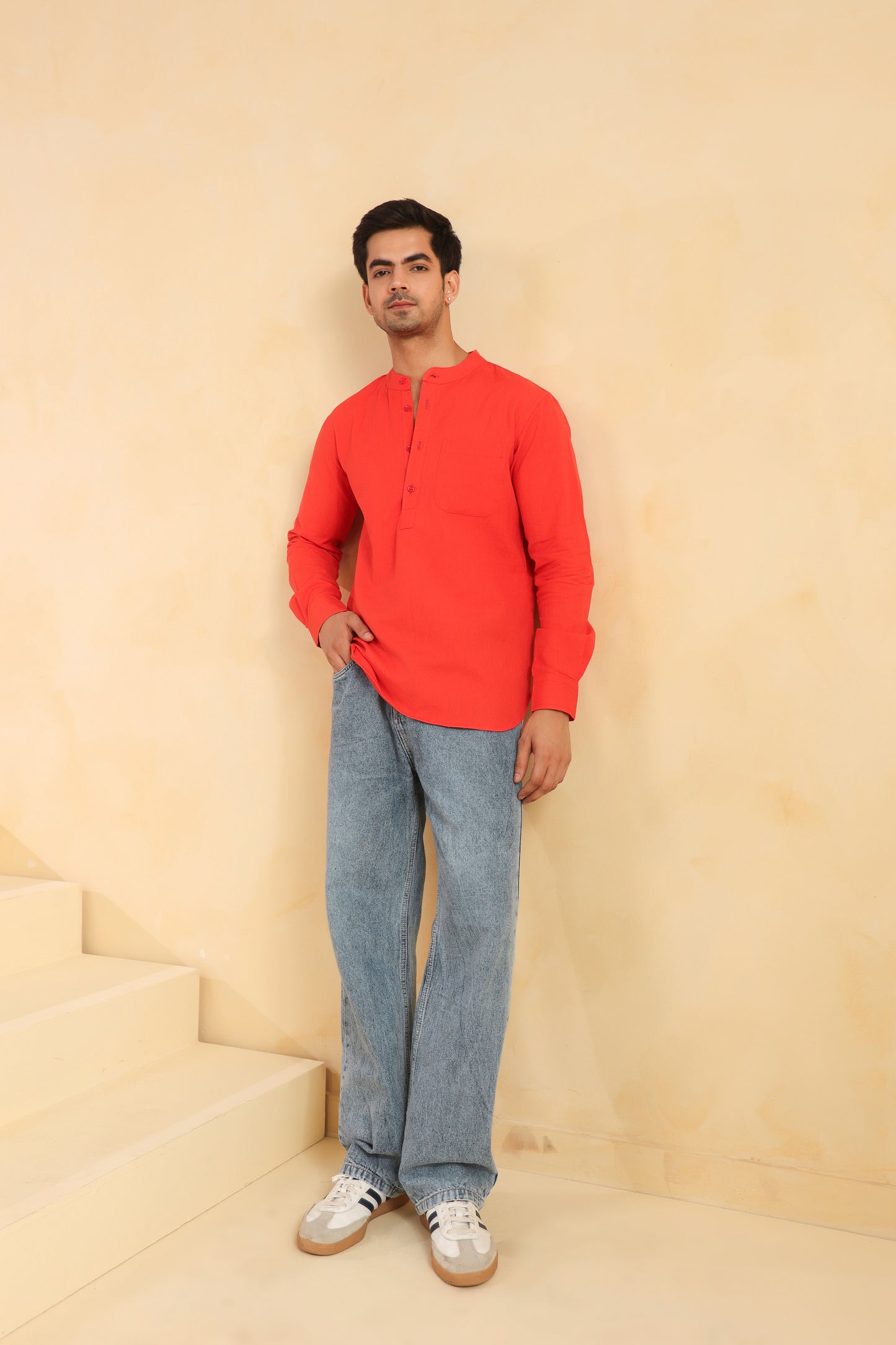 Red Linen blend Shirt Kurta