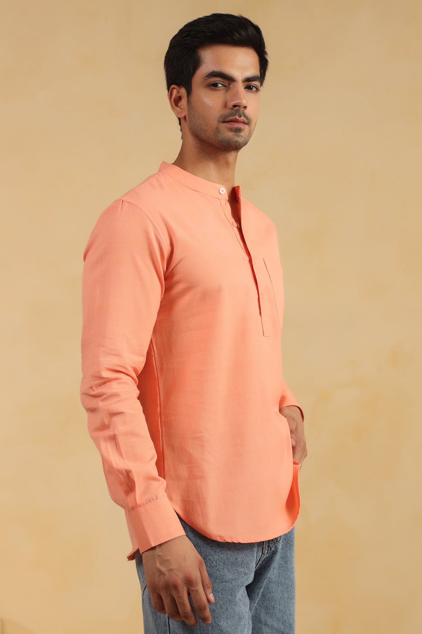 Peach linen blend shirt kurta