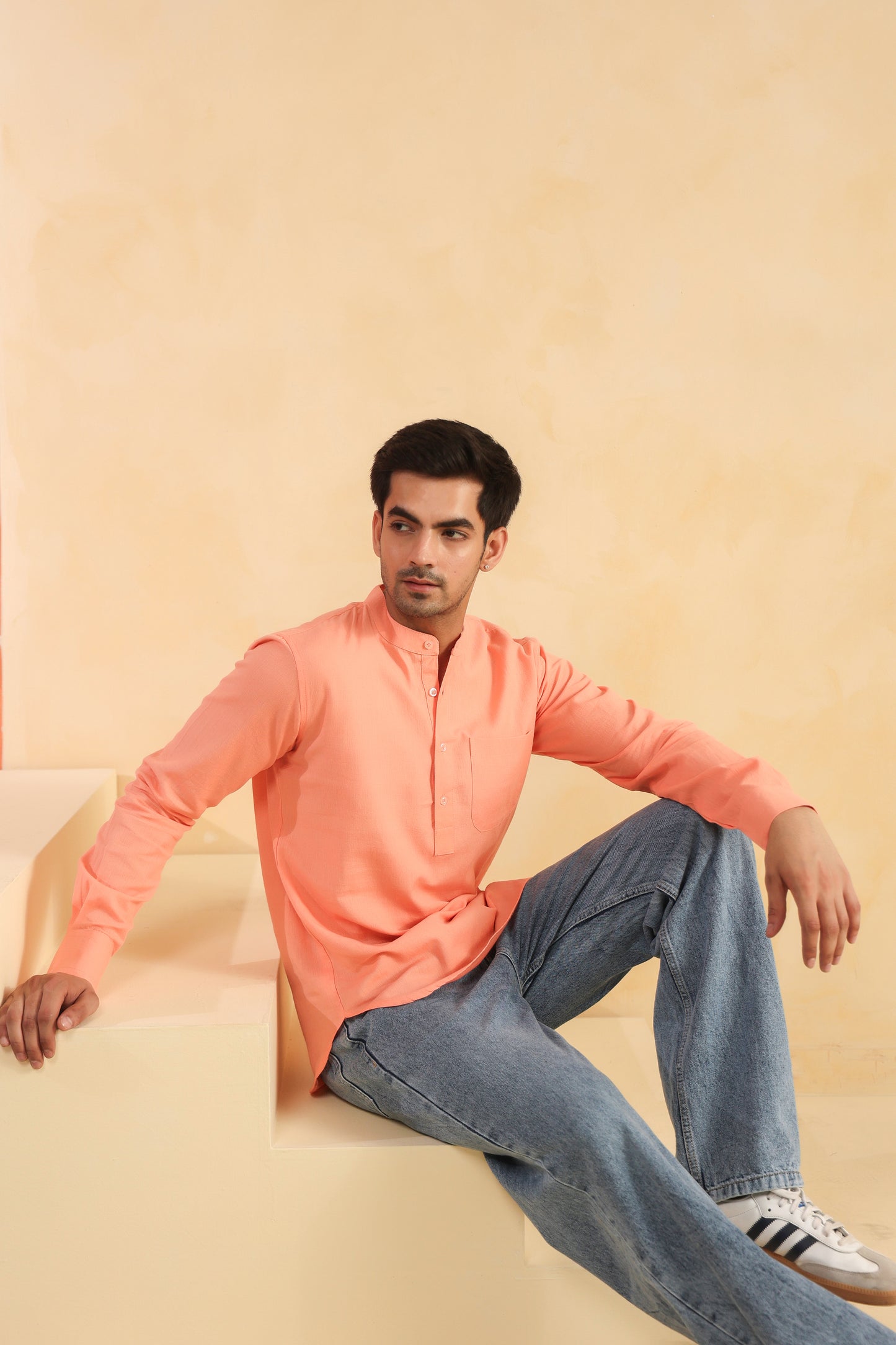 Peach linen blend shirt kurta