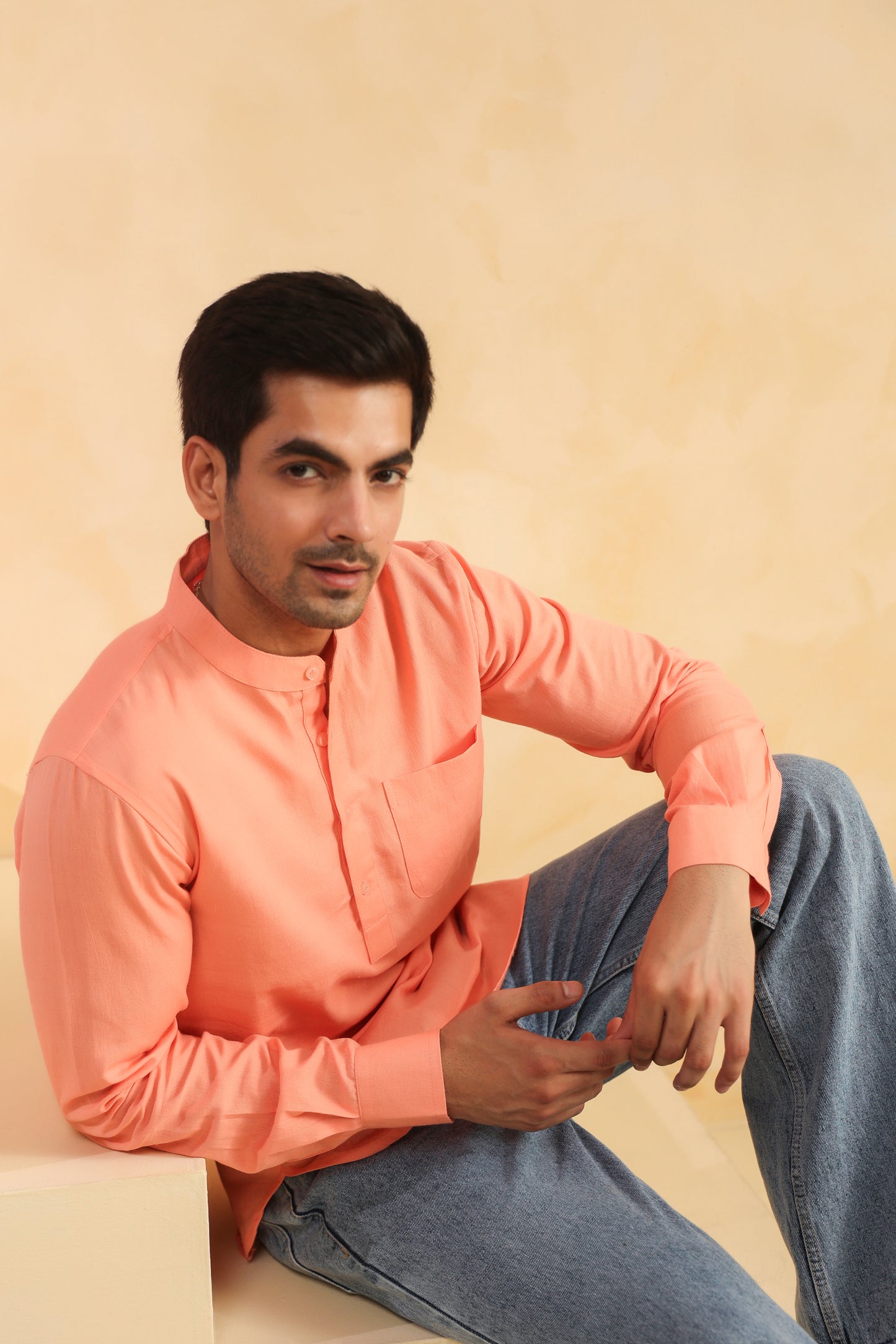 Peach linen blend shirt kurta