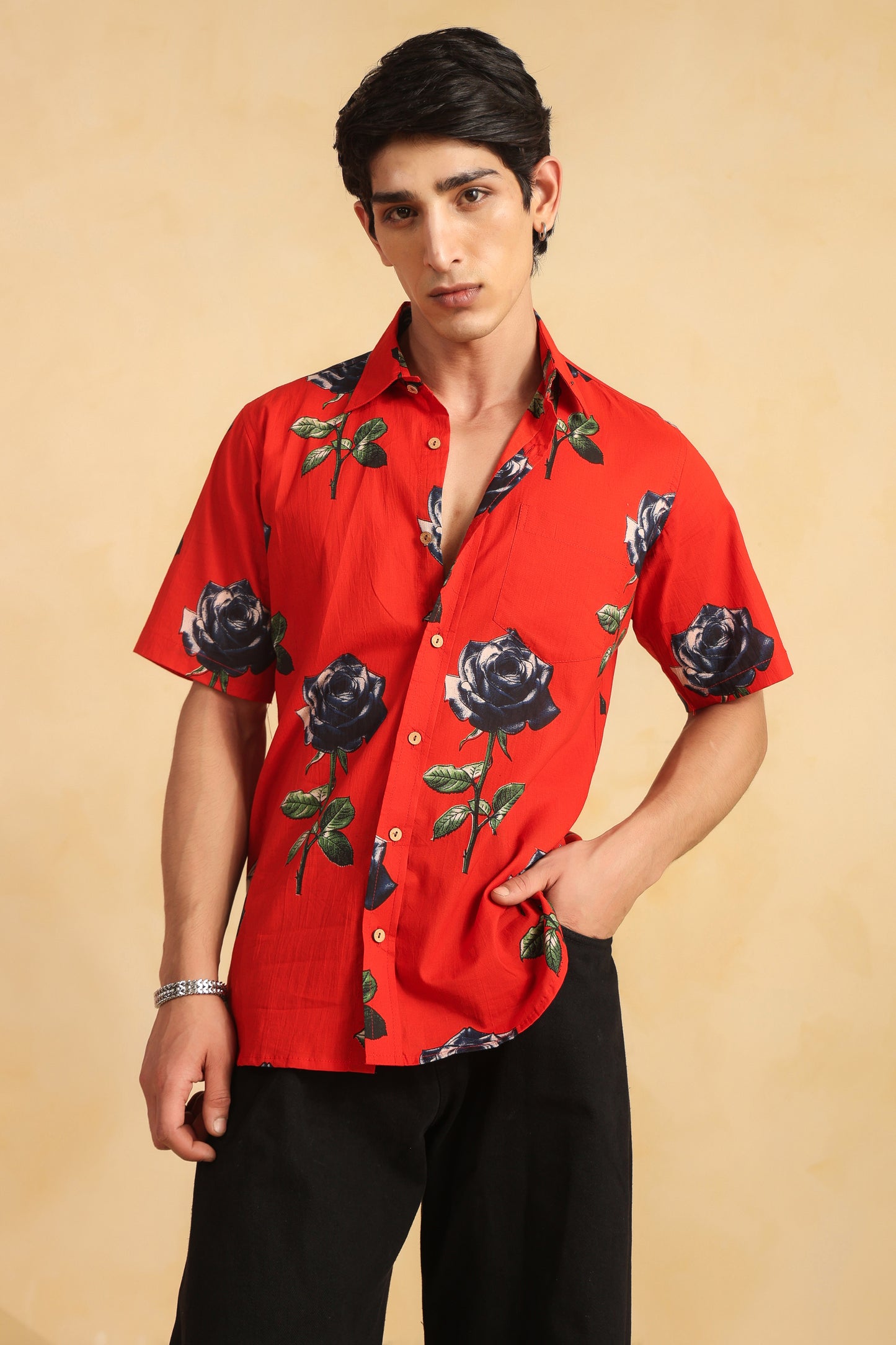 Red Cotton Half Sleeve Shirt