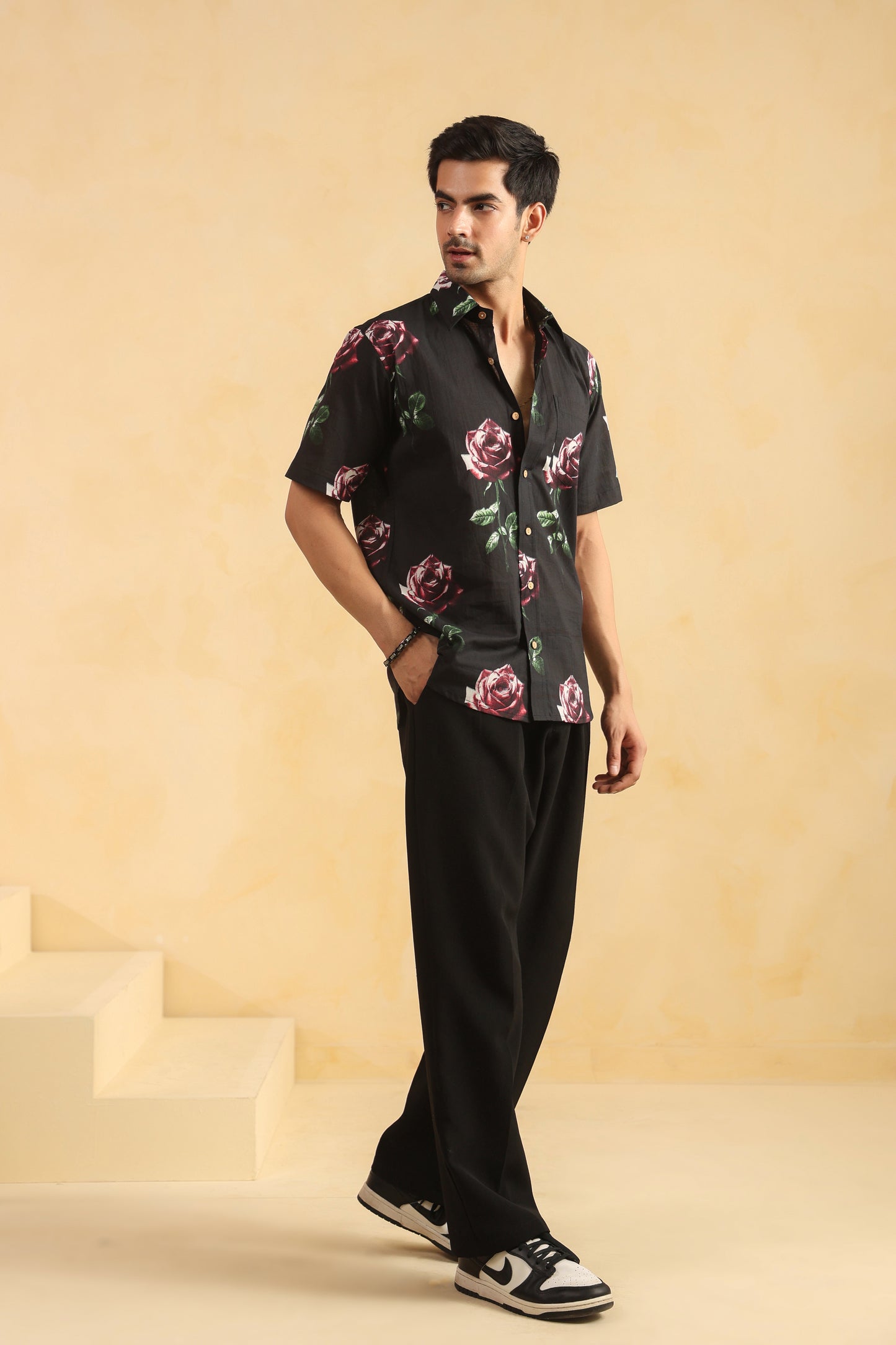 Black Rose Half sleeve cotton shirt