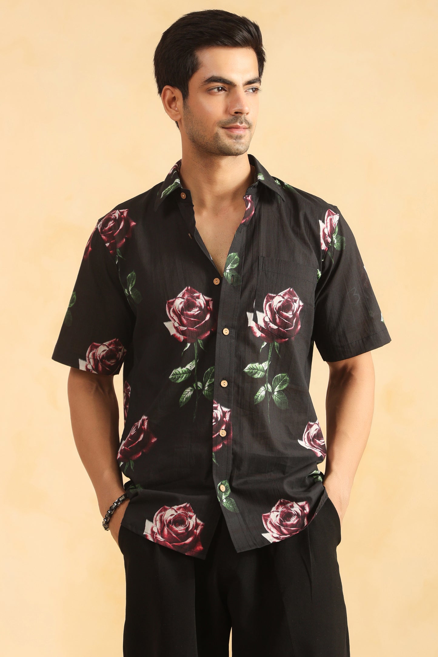 Black Rose Half sleeve cotton shirt