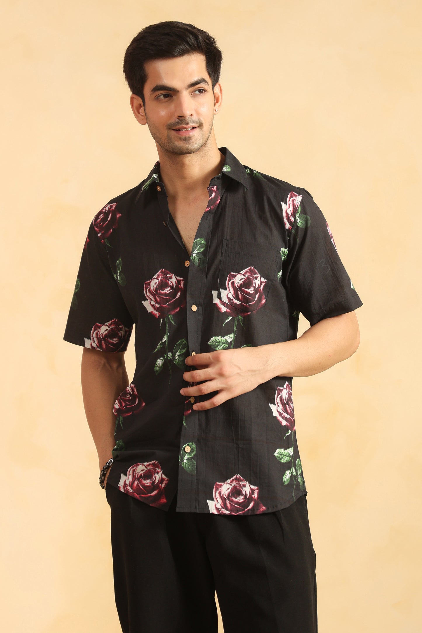 Black Rose Half sleeve cotton shirt
