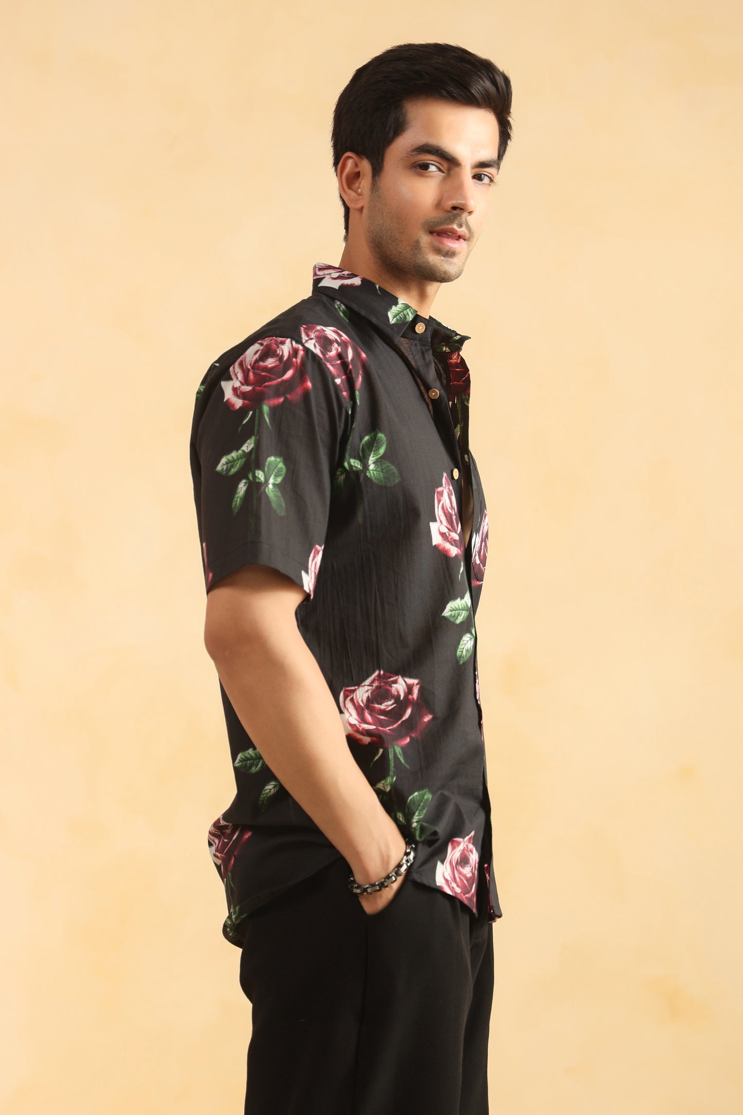 Black Rose Half sleeve cotton shirt