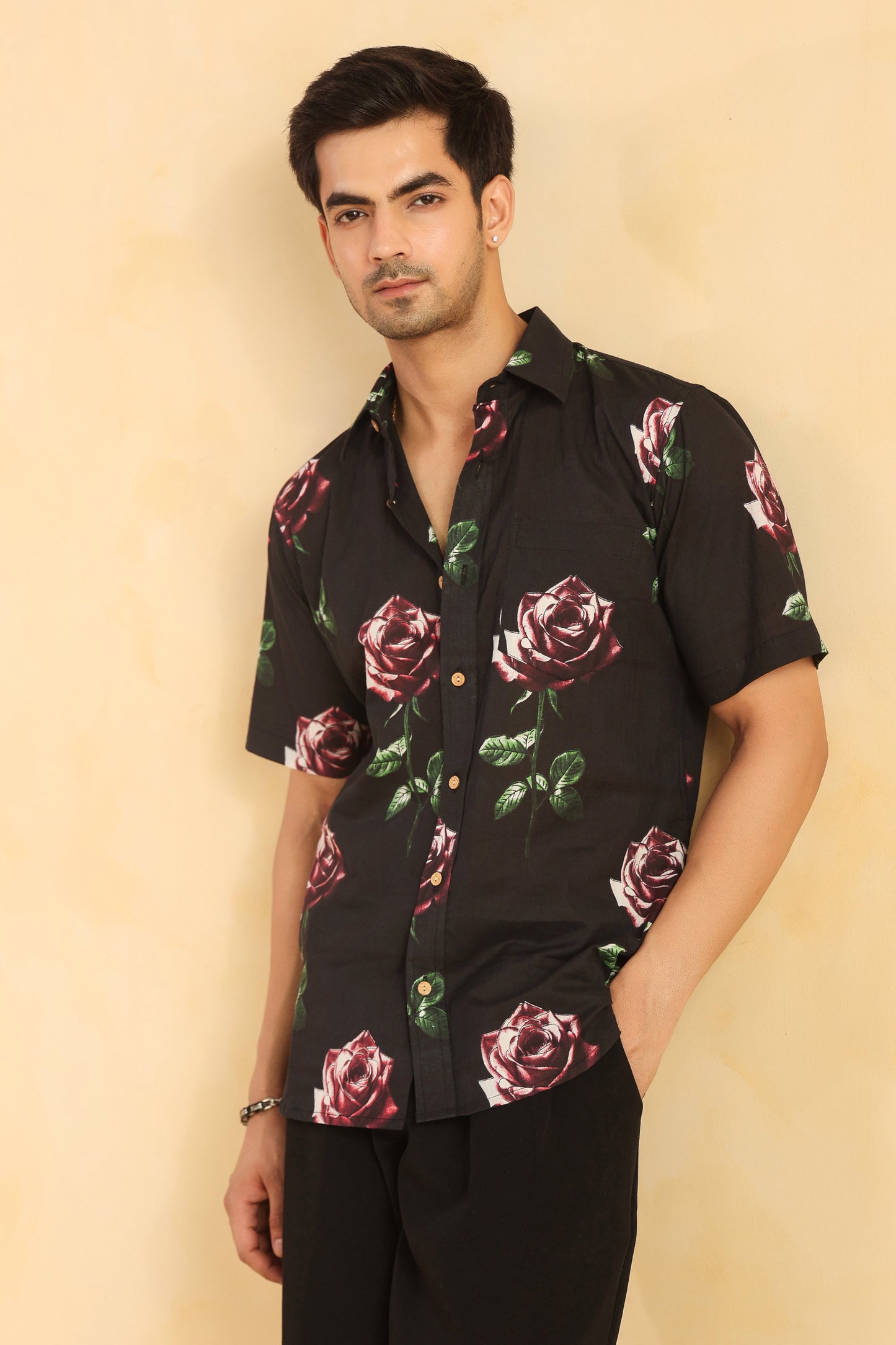 Black Rose Half sleeve cotton shirt
