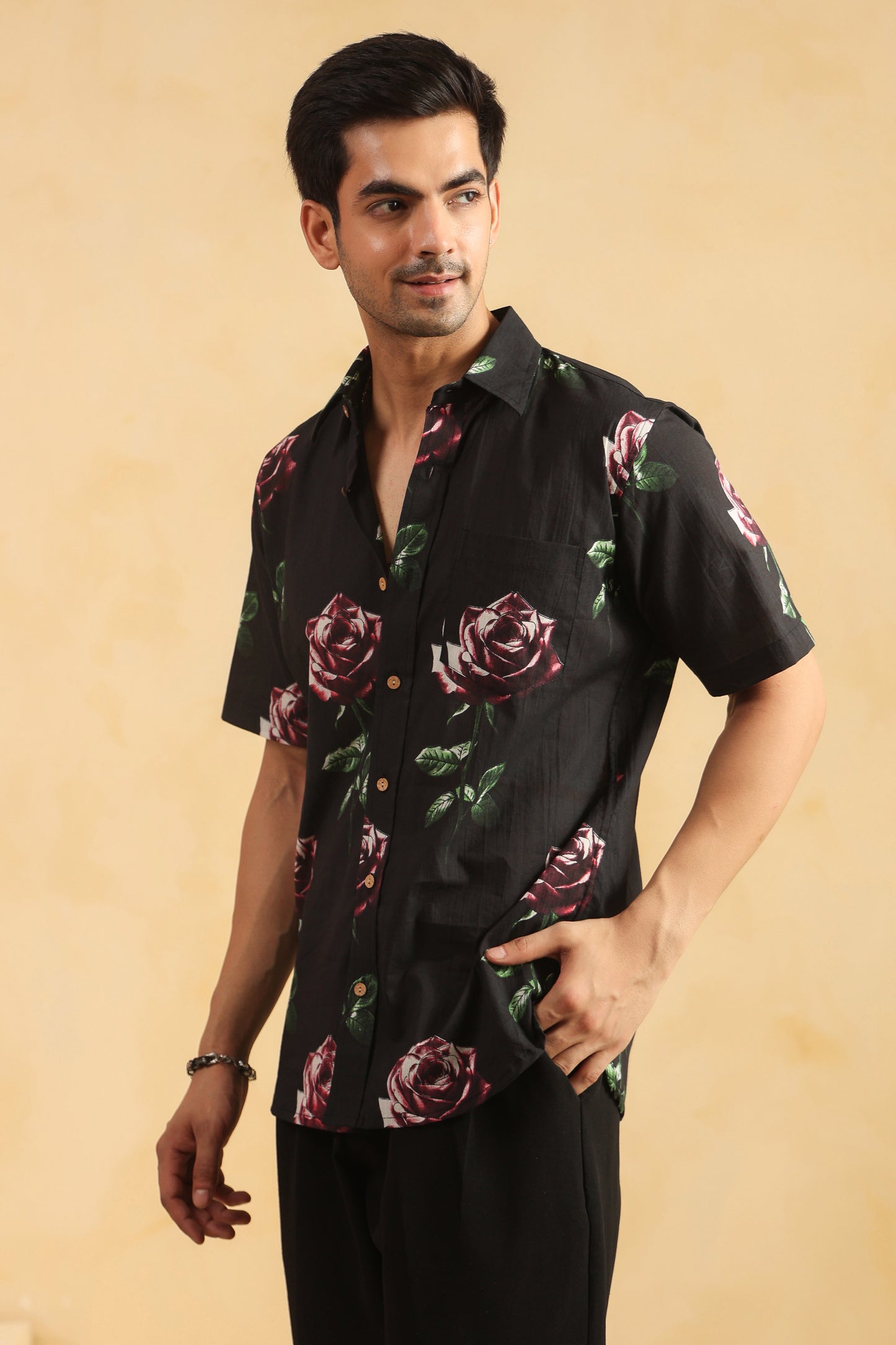 Black Rose Half sleeve cotton shirt