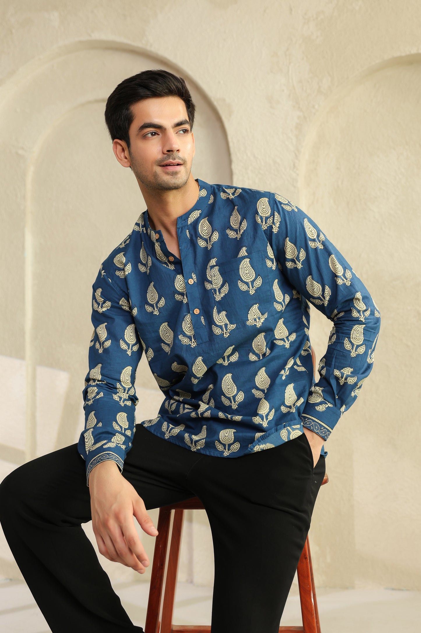 Blue regular cotton shirt kurta