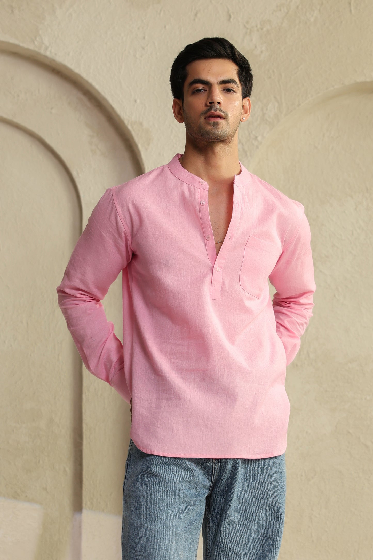 Pink Linen Blend Shirt Kurta