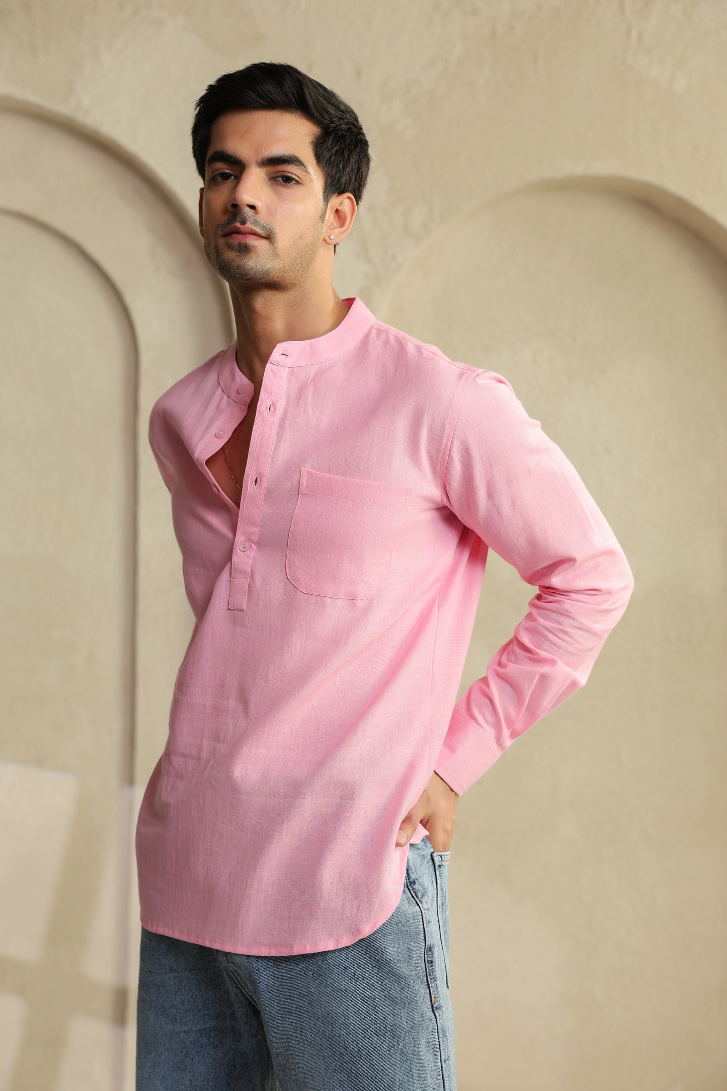 Pink Linen Blend Shirt Kurta