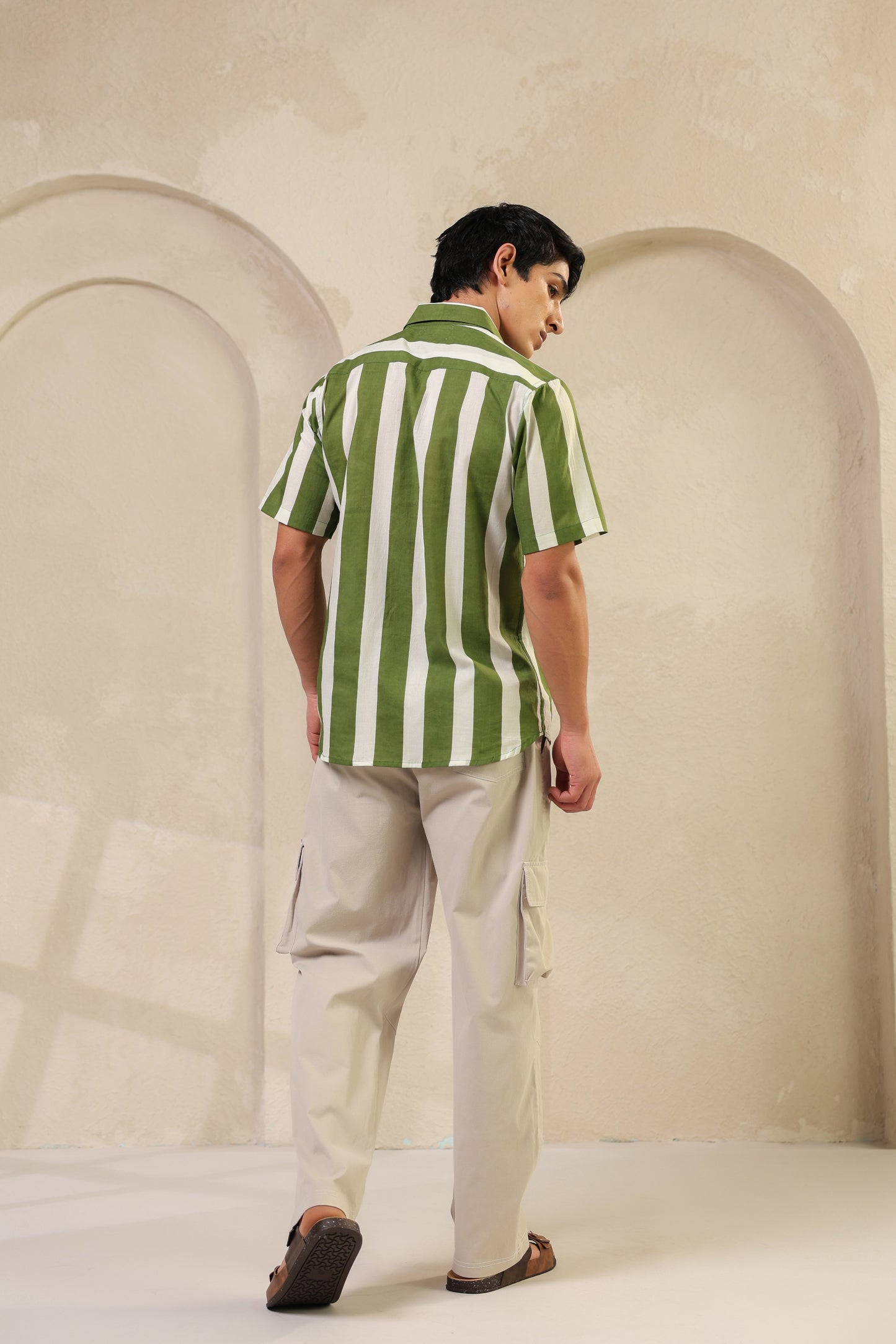Green Stripe Cotton Regular Shirt
