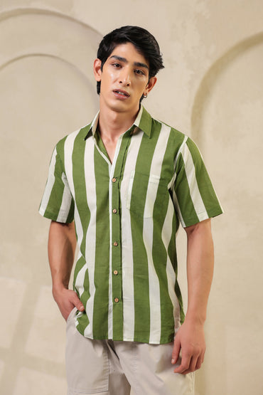 Green Stripe Cotton Regular Shirt