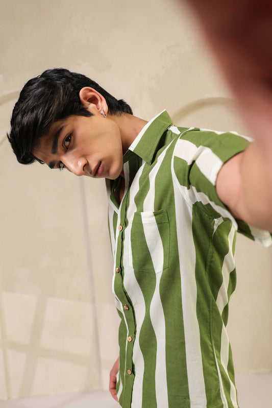 Green Stripe Cotton Regular Shirt