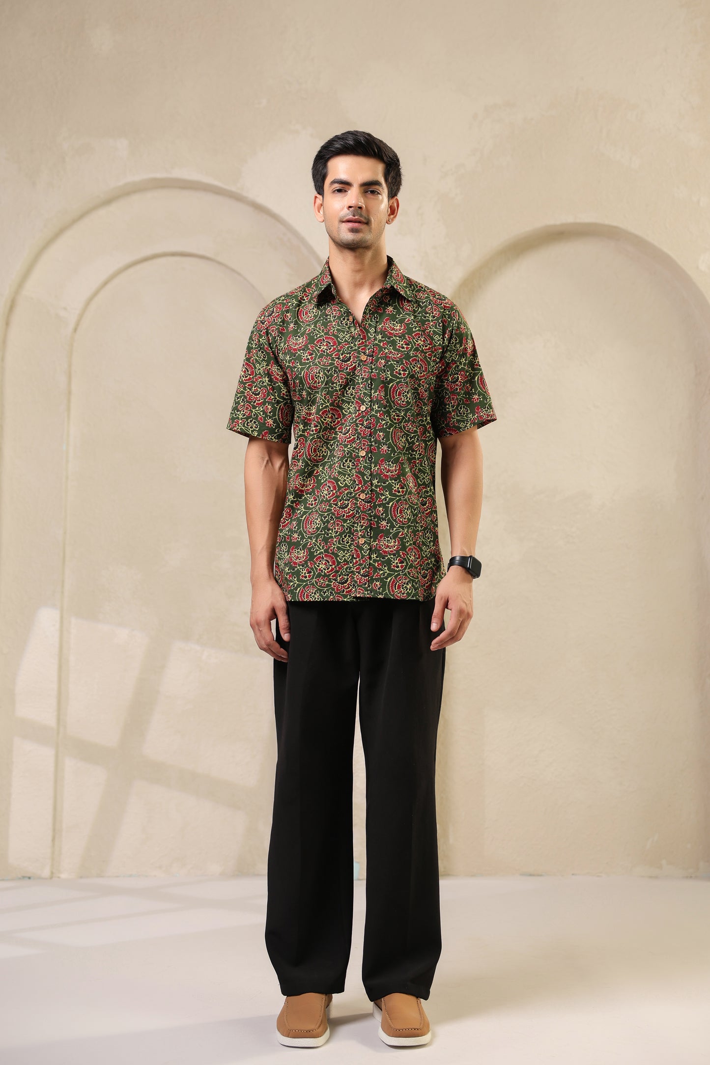 Bottle green regular fit cotton shirt