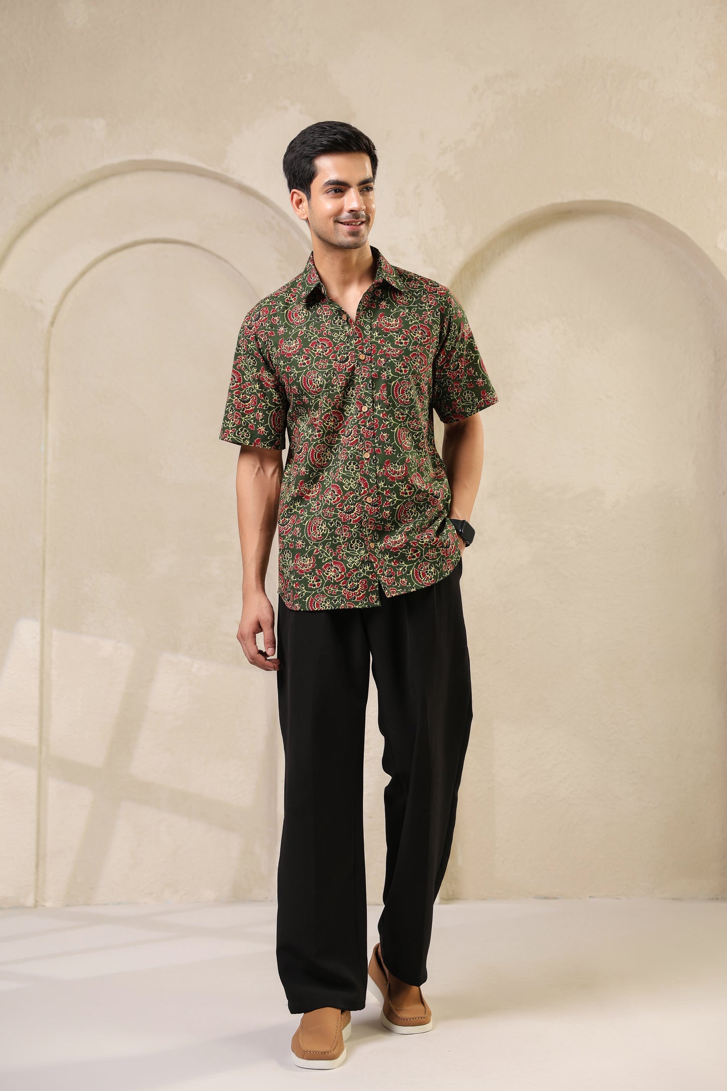 Bottle green regular fit cotton shirt