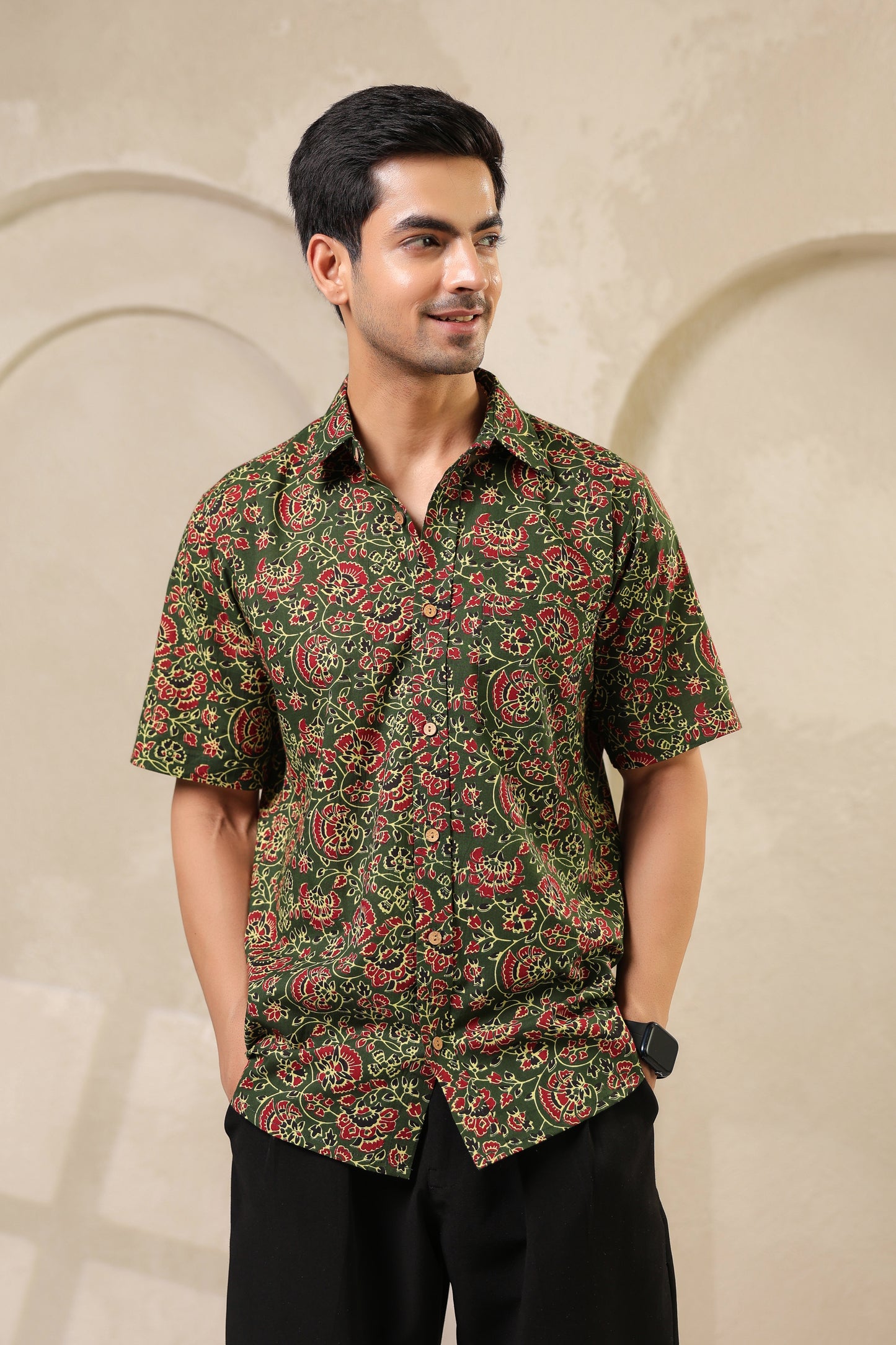 Bottle green regular fit cotton shirt