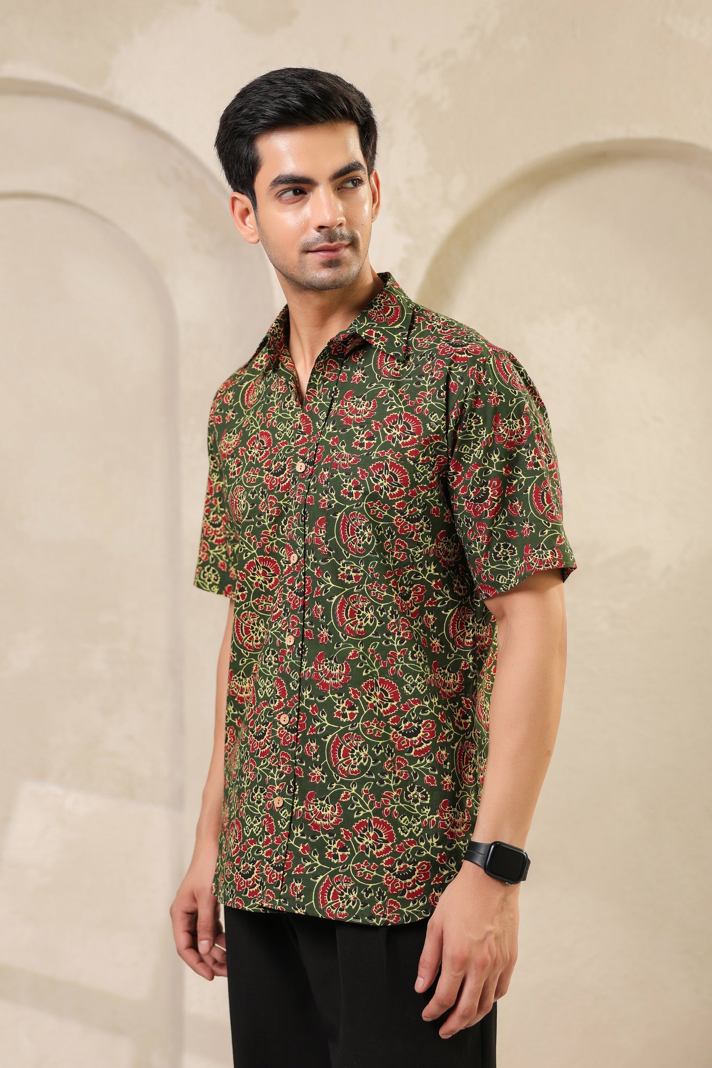 Bottle green regular fit cotton shirt