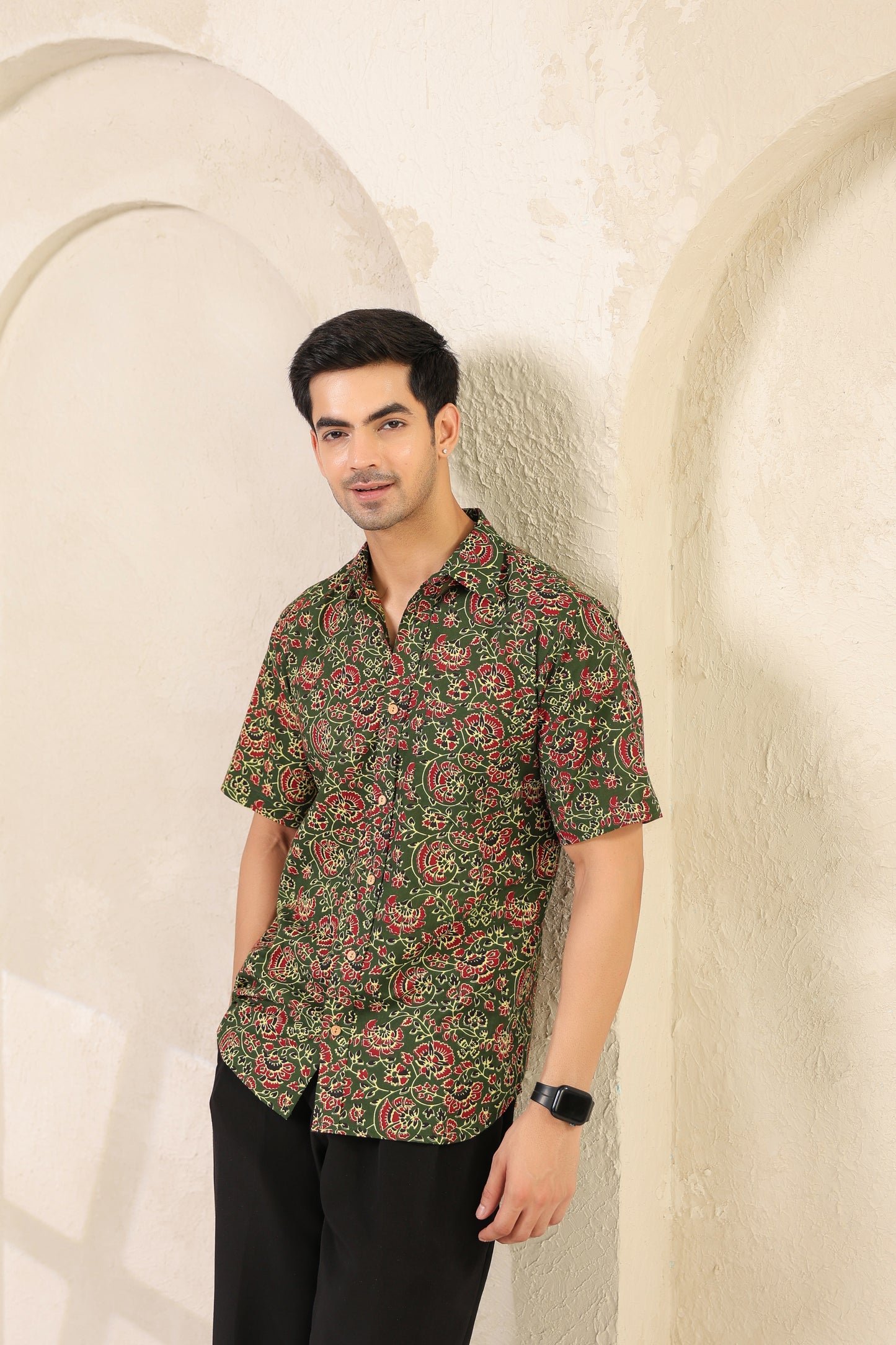 Bottle green regular fit cotton shirt