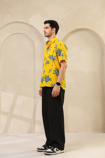 Yellow Palm Cotton Half Sleeve Shirt