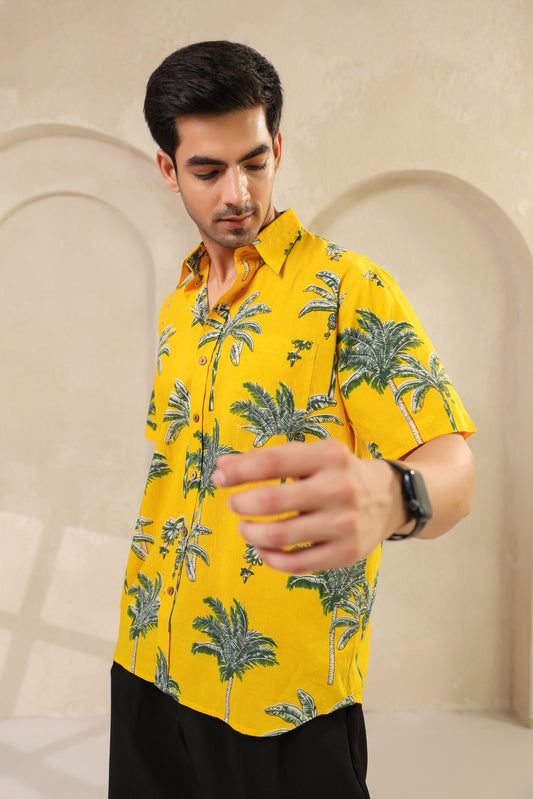 Yellow Palm Cotton Half Sleeve Shirt