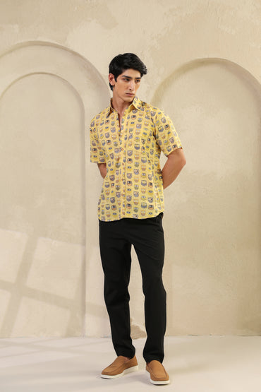 Yellow Owl Cotton Half Sleeve Shirt