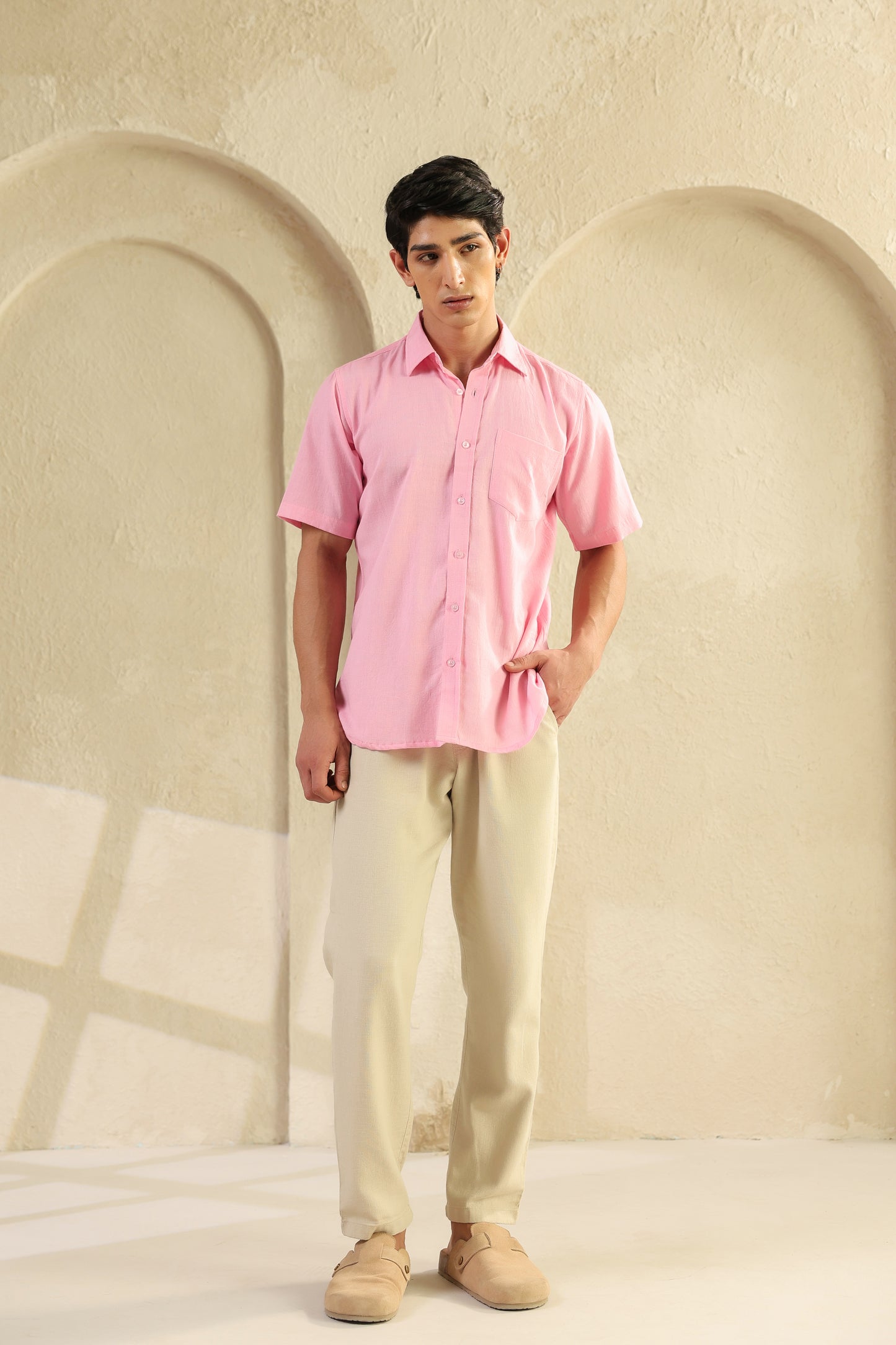 Pink linen blend half sleeve shirt