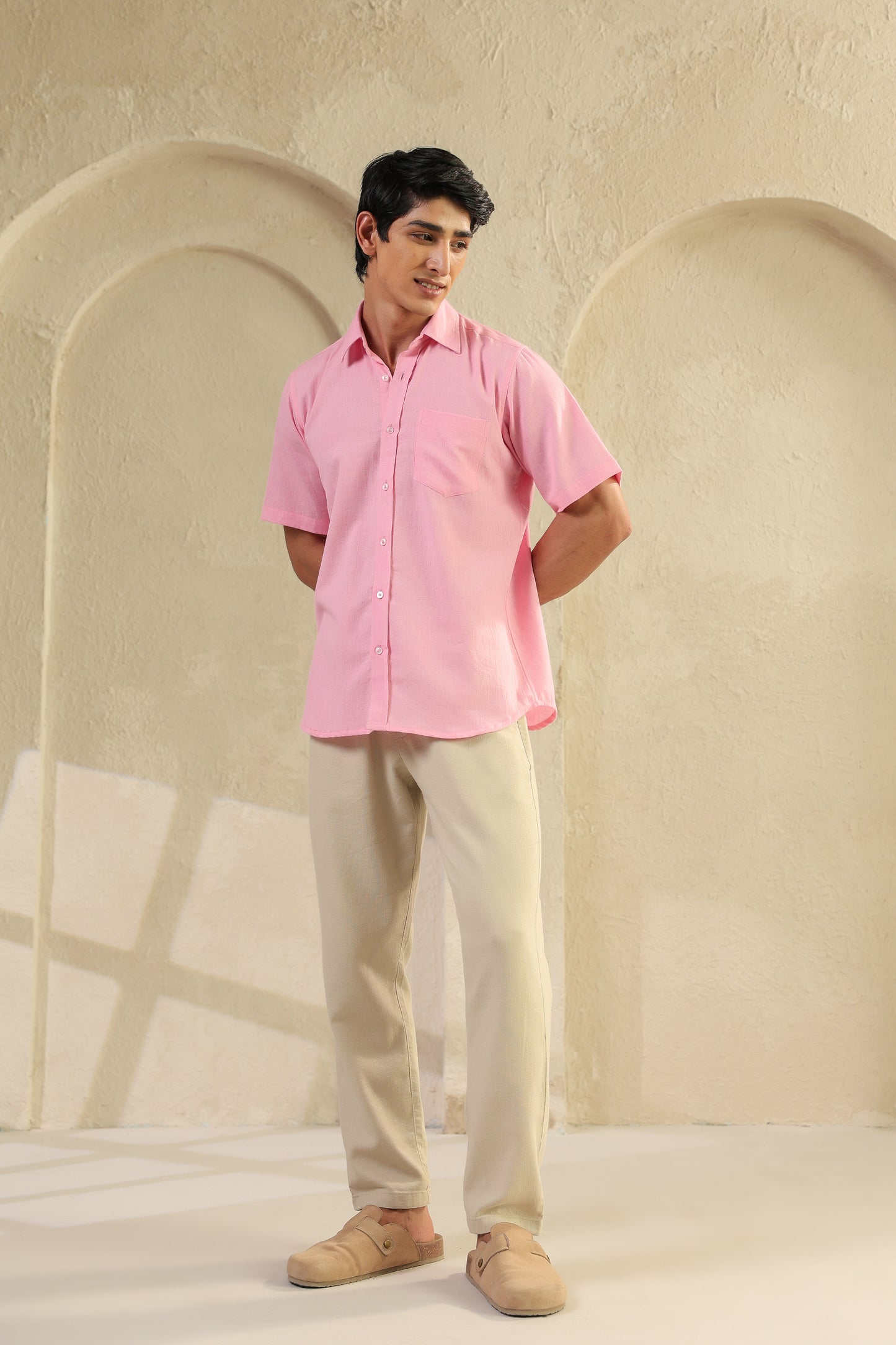 Pink linen blend half sleeve shirt