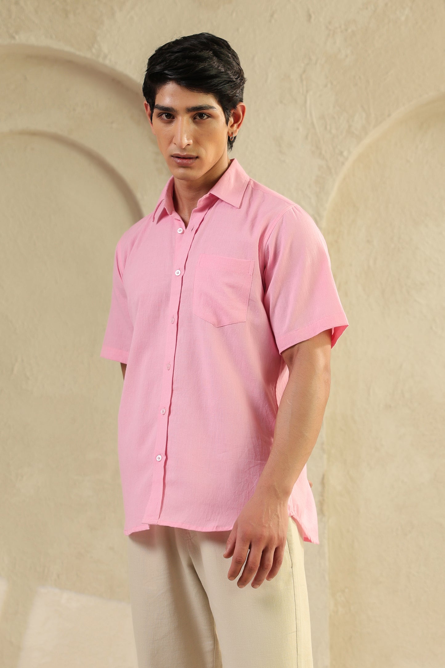 Pink linen blend half sleeve shirt