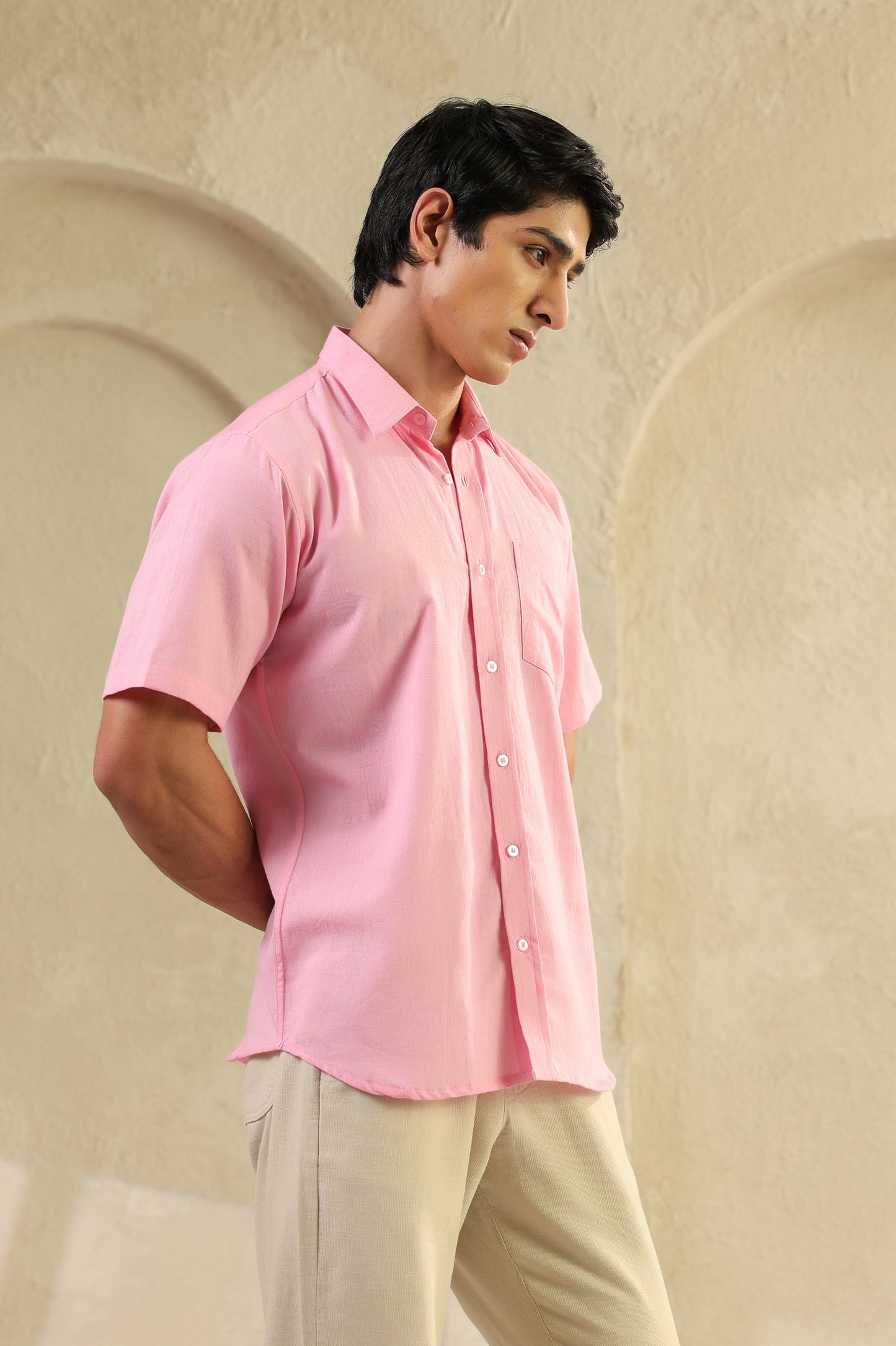 Pink linen blend half sleeve shirt