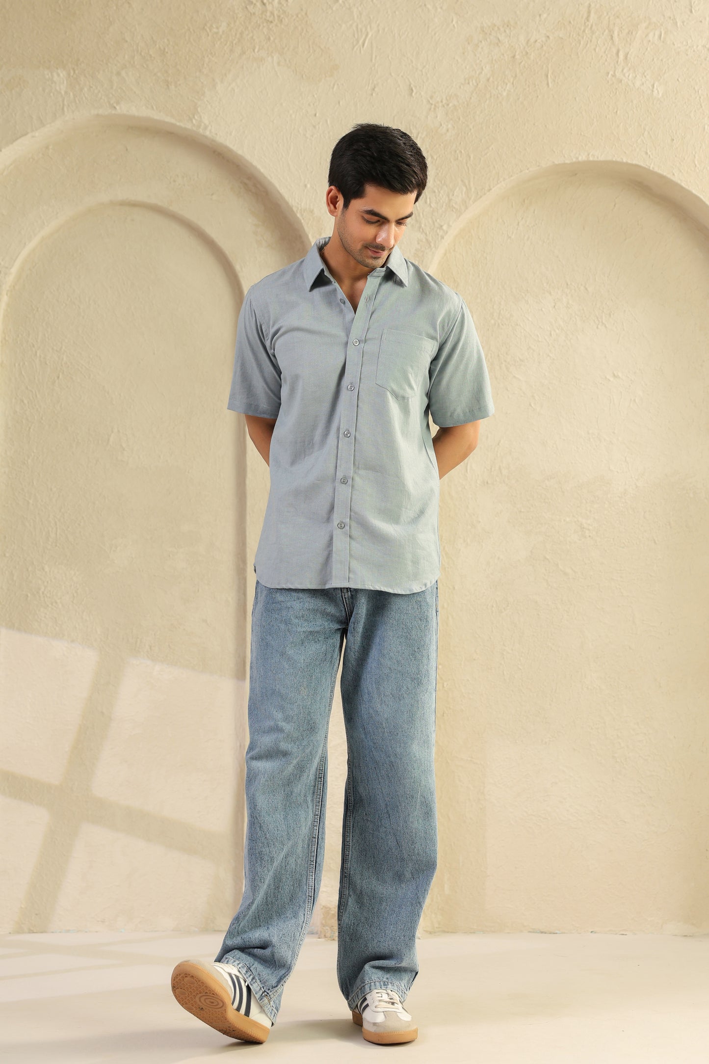 Grey Linen Blend half sleeve shirt