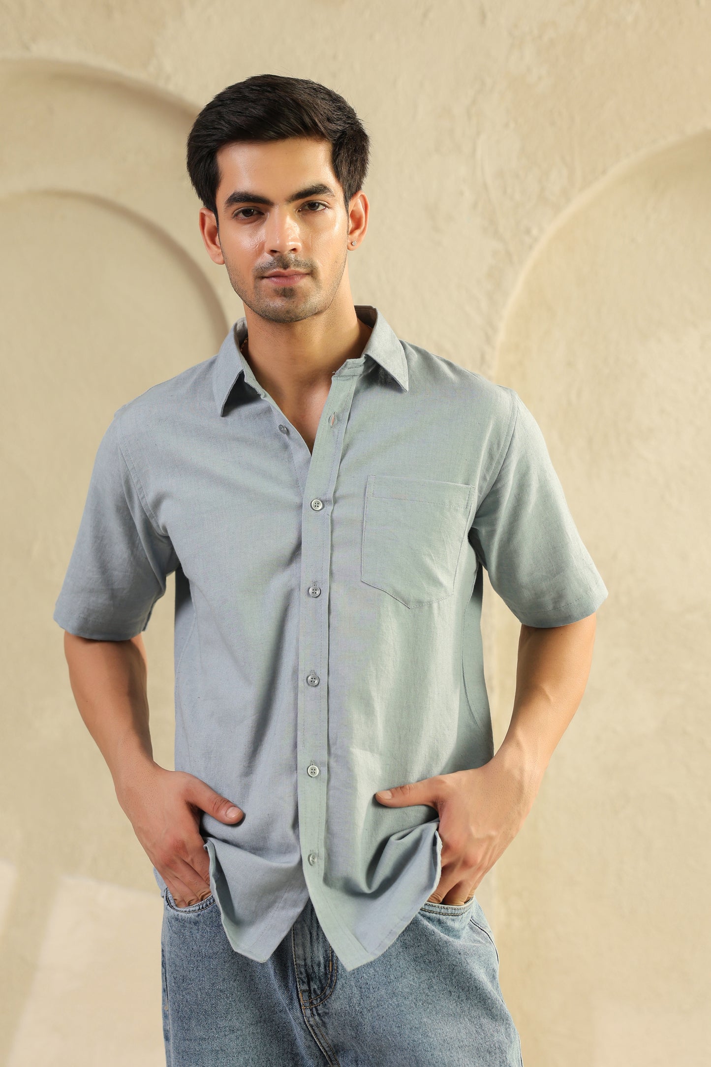 Grey Linen Blend half sleeve shirt