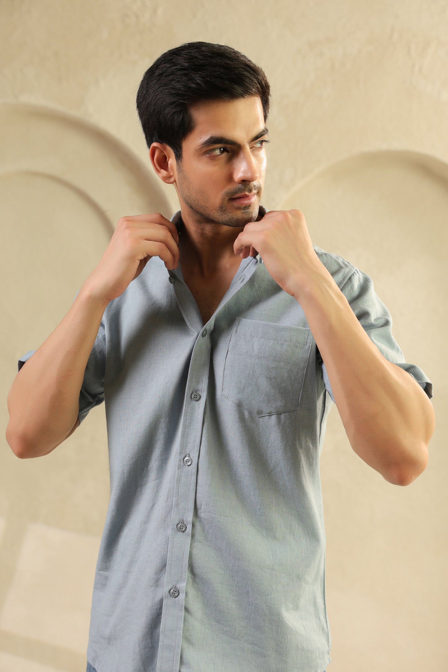 Grey Linen Blend half sleeve shirt