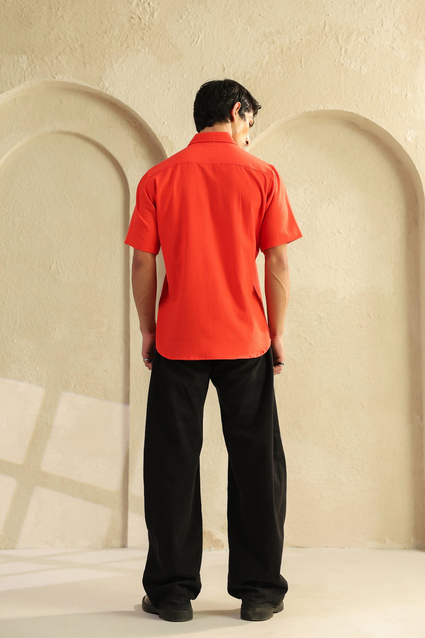 Red Linen Blend Half Sleeve Shirt